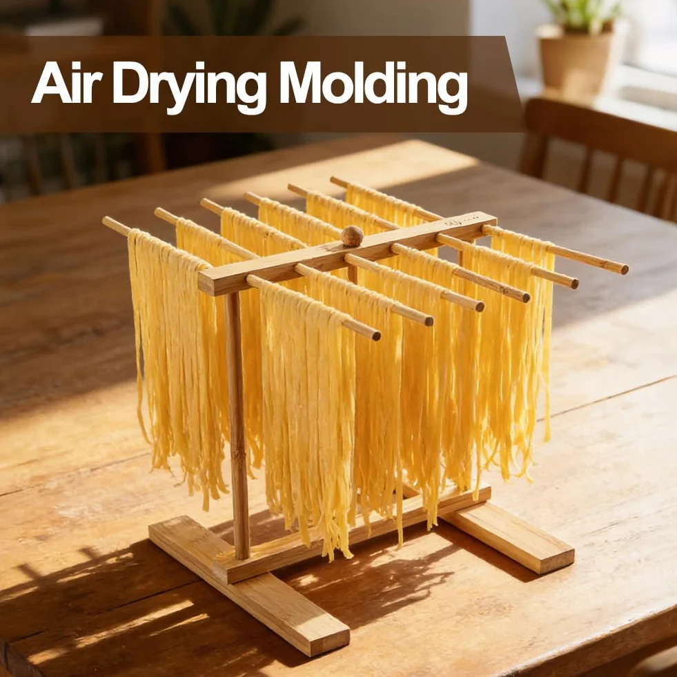 FARYODI Soporte para pasta de madera, secador de pasta con 12 varillas, soporte para pasta de secado, estante reutilizable para pasta, secador de pasta plegable de madera con barra de transferencia