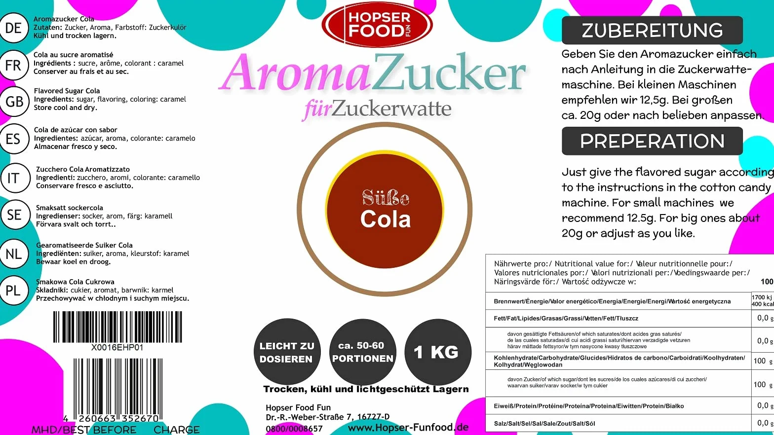 1 KG de azúcar de colores azúcar aromatizada para algodón de azúcar de colores | Sabor a cola