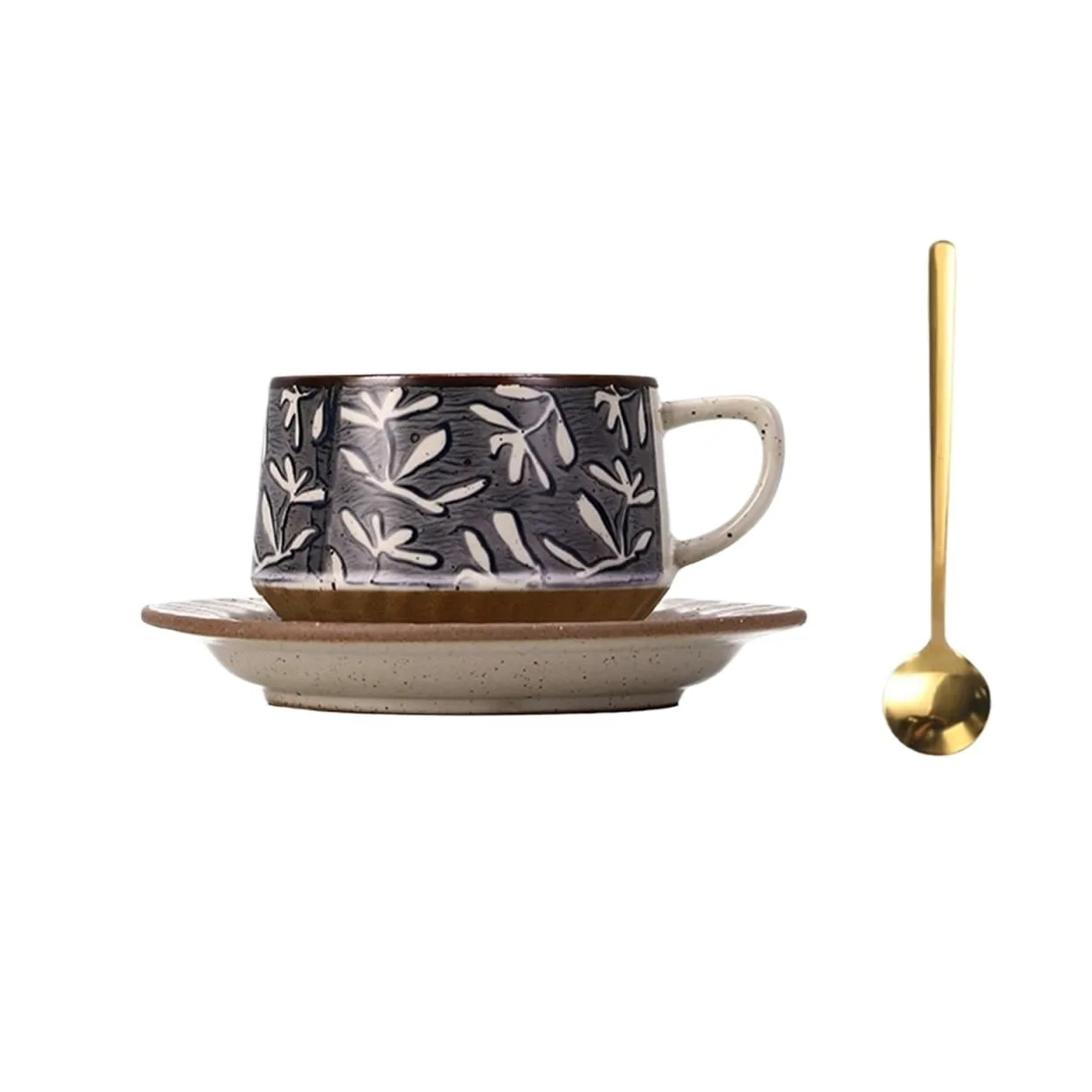 Tazas de cerámica Juego de taza café/té cerámica con diseño vintage hierba y flores, platillo cuchara, 300 ml Taza de café