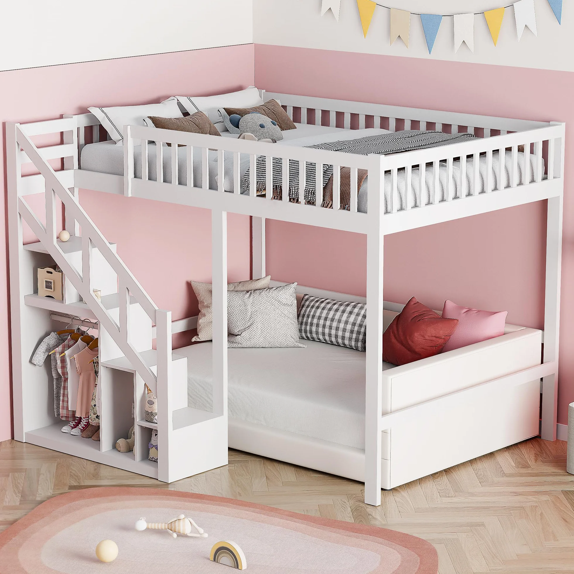 Cama Alta 140x200 cm para Niños y Adolescentes, Cama Elevada de Madera de Pino con Escalera de Almacenamiento y Barandilla de Seguridad, Estructura Juvenil Ahorro de Espacio, Blanco