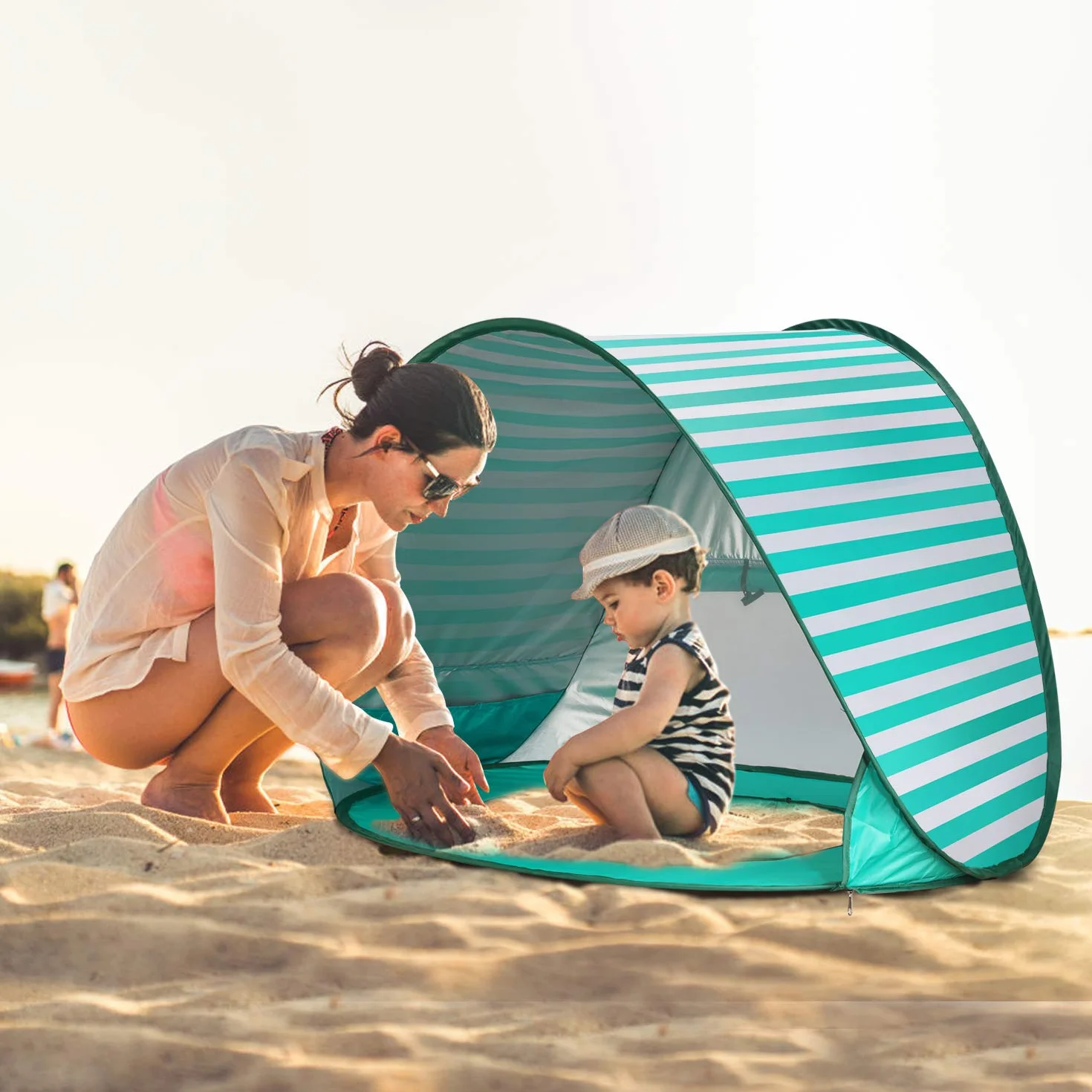 Tienda de Playa Bebé Pop-up con Piscina, Protección UV 50+, Carpa Plegable 120x80x70 cm