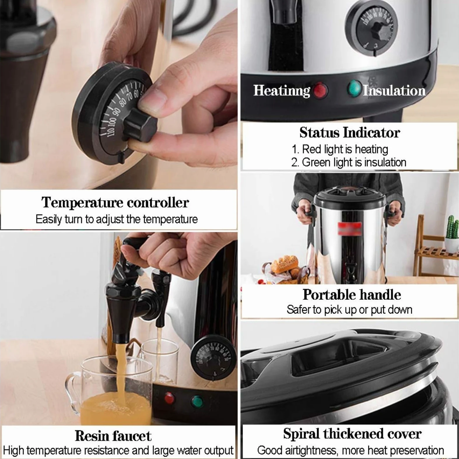 Hervidor de café Comercial para Grupos Grandes, Termo eléctrico para Agua Caliente, Acero Inoxidable de Doble Pared, dispensador/Servidor de Bebidas Aislado en Color Negro (Red 10L)