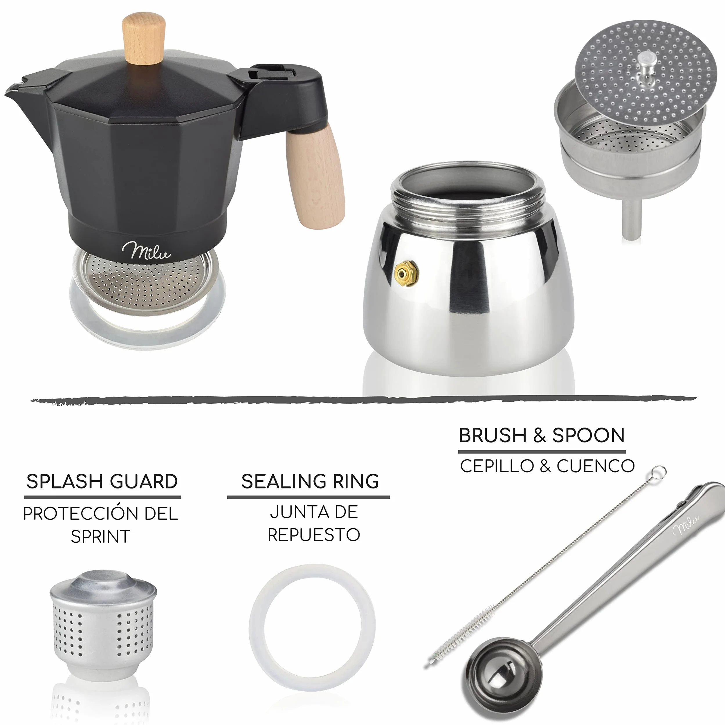Milu Cafetera Italiana inducción | 3, 6, 9 Tazas | Cafetera Moka de Aluminio, Expresso Maker - Set comprensivo di sottobicchiere, cucchiaio, spazzola (Negro + Mango de madera, 3 tazas (150ml)