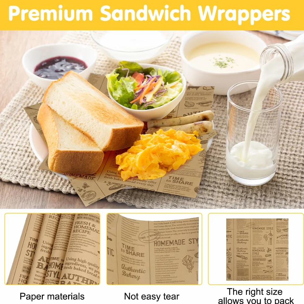 100 Piezas Papel Horno, 25 x 25 cm Antigrasa Hamburguesa Papel para Envolver Alimentos Aspecto de Periódico