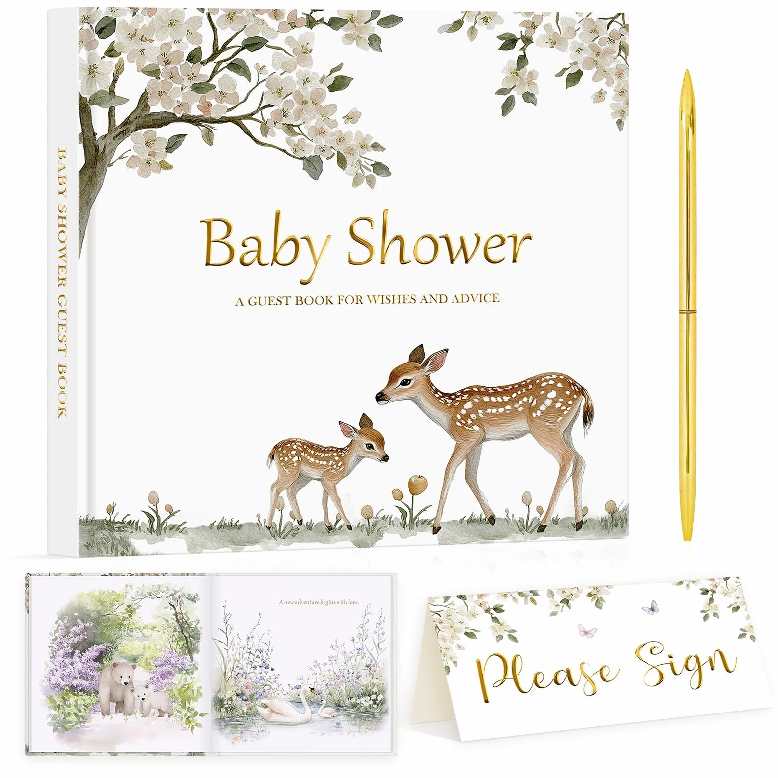 Lanpn Libro de Visitas para Baby Shower, Baby Shower Guest Book, Libro Firmas Recuerdo Regalo para Futuros Padres Gender Reveal Bebé Bautizo, Tema Animales Bosque Neutral, 114 Páginas, Inglés