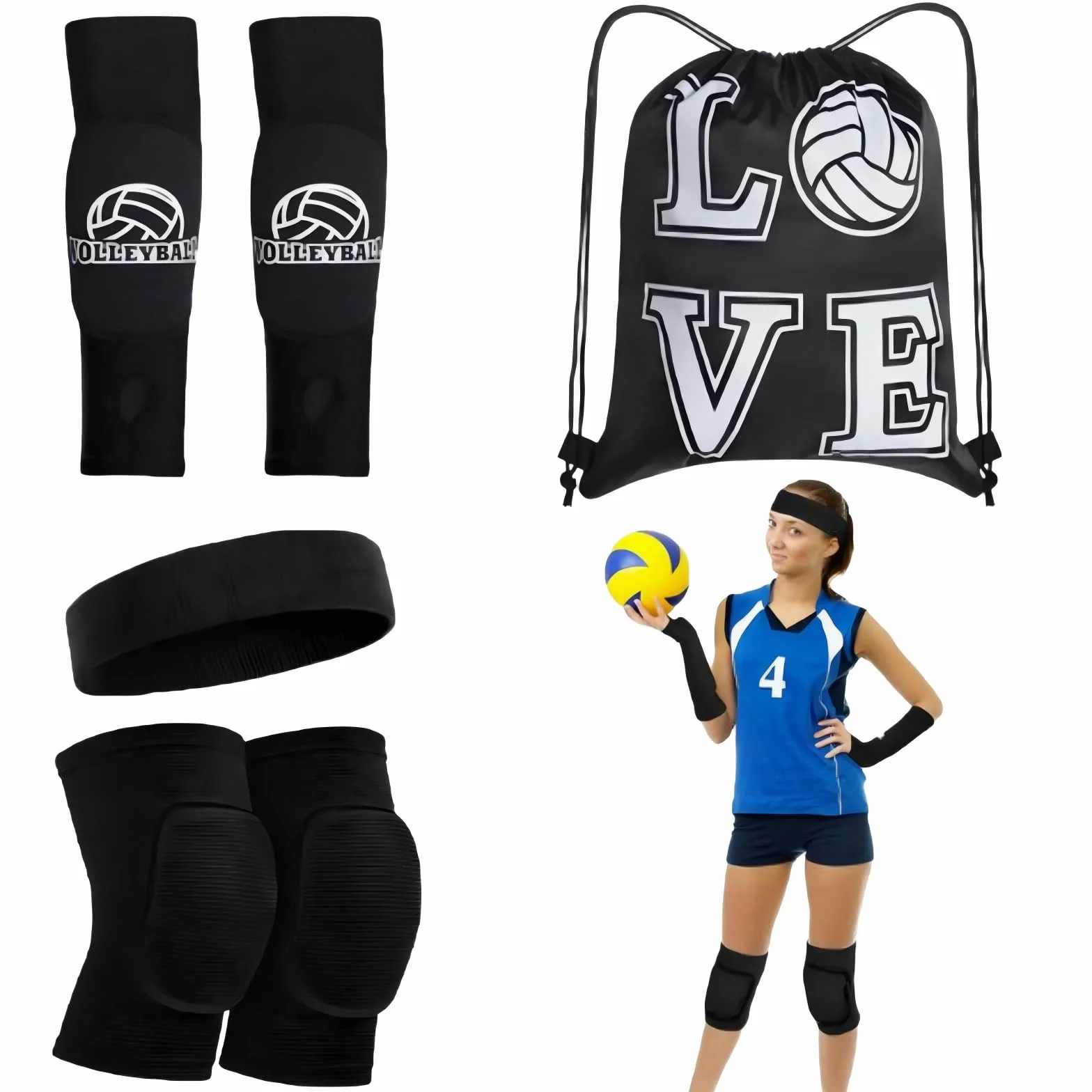 Rodilleras de voleibol 4 piezas + protectores de brazo 1 par, espuma elástica transpirable con cinta