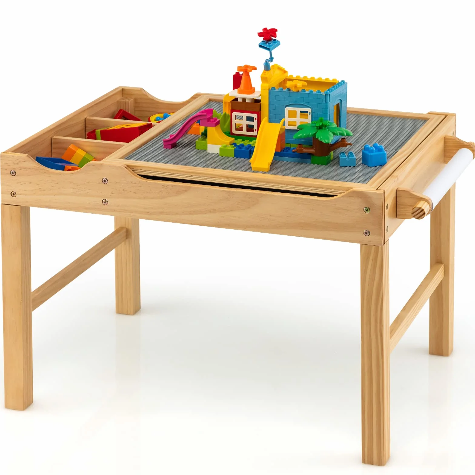 GOPLUS Mesa de Actividades 2 en 1 con Tablero Reversible, Mesa de Construcción para Niños de 3+ Años con Espacio de Almacenaje Clasificado, Mesa de Juego de Madera con Barra Lateral, 86,5X60X57CM