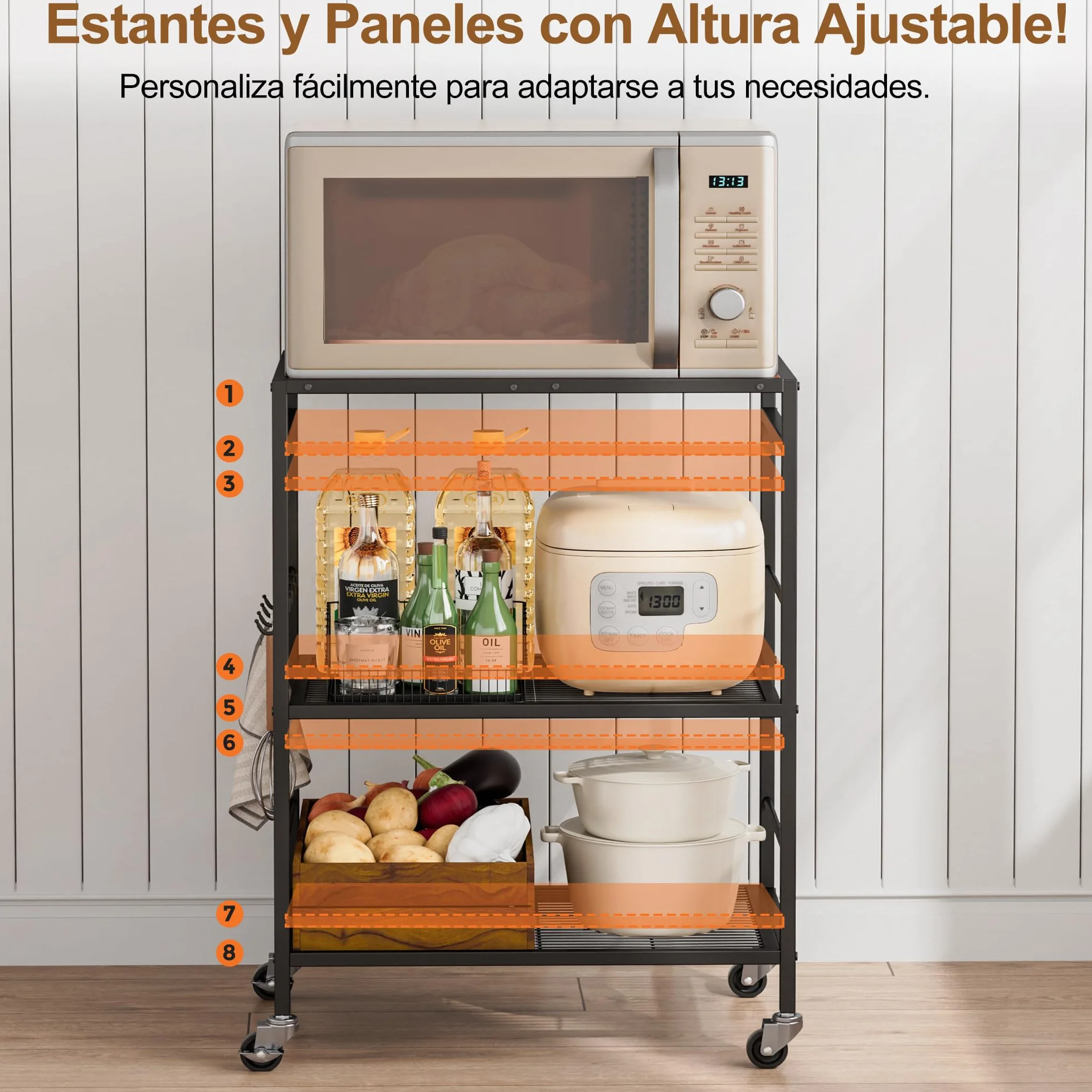 Carro Cocina de 3 Pisos con Estantes Ajustables，Carros de Servicio (Estructura Negra + Panel marrón, 3 Niveles (40 x 60 x 84,7 cm))