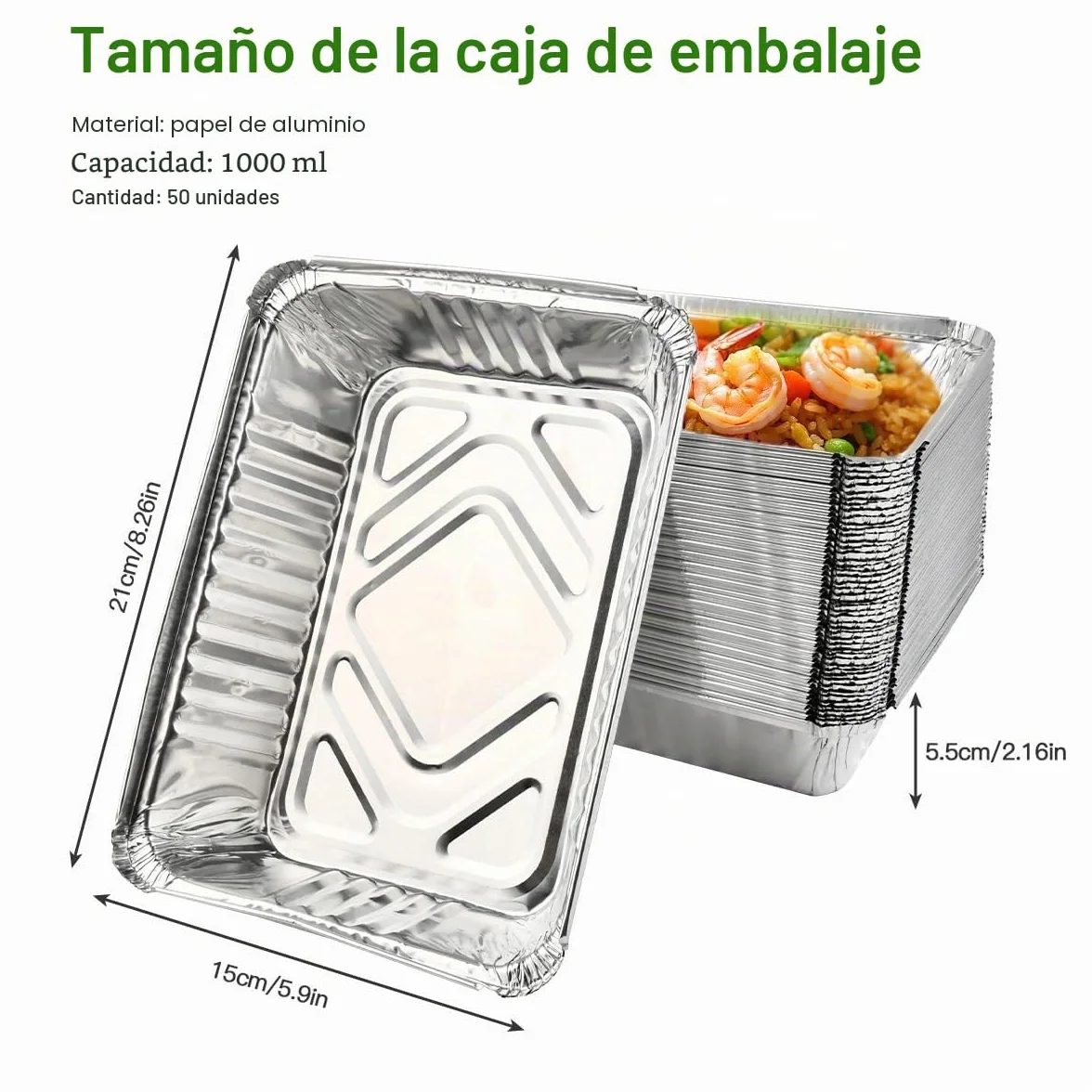 OTYMIOW Bandejas de Aluminio 50PCS Contenedores Rectangulares Aluminio 21 * 15 * 5.5cm Recipientes Rectangulares Bandejas TradicionalesAluminio para Transportar Alimentos, Congelar, Cocinar, 1000 ml