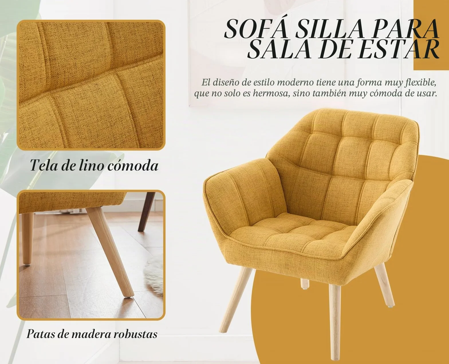 Ya-Home Juego de 2 Butacas Dormitorio de Salon Moderno de Lino con Brazos, Sillones para el Salón Individual con Patas de Madera, Sillón Habitacion para Dormitorio/Salon,Amarillo