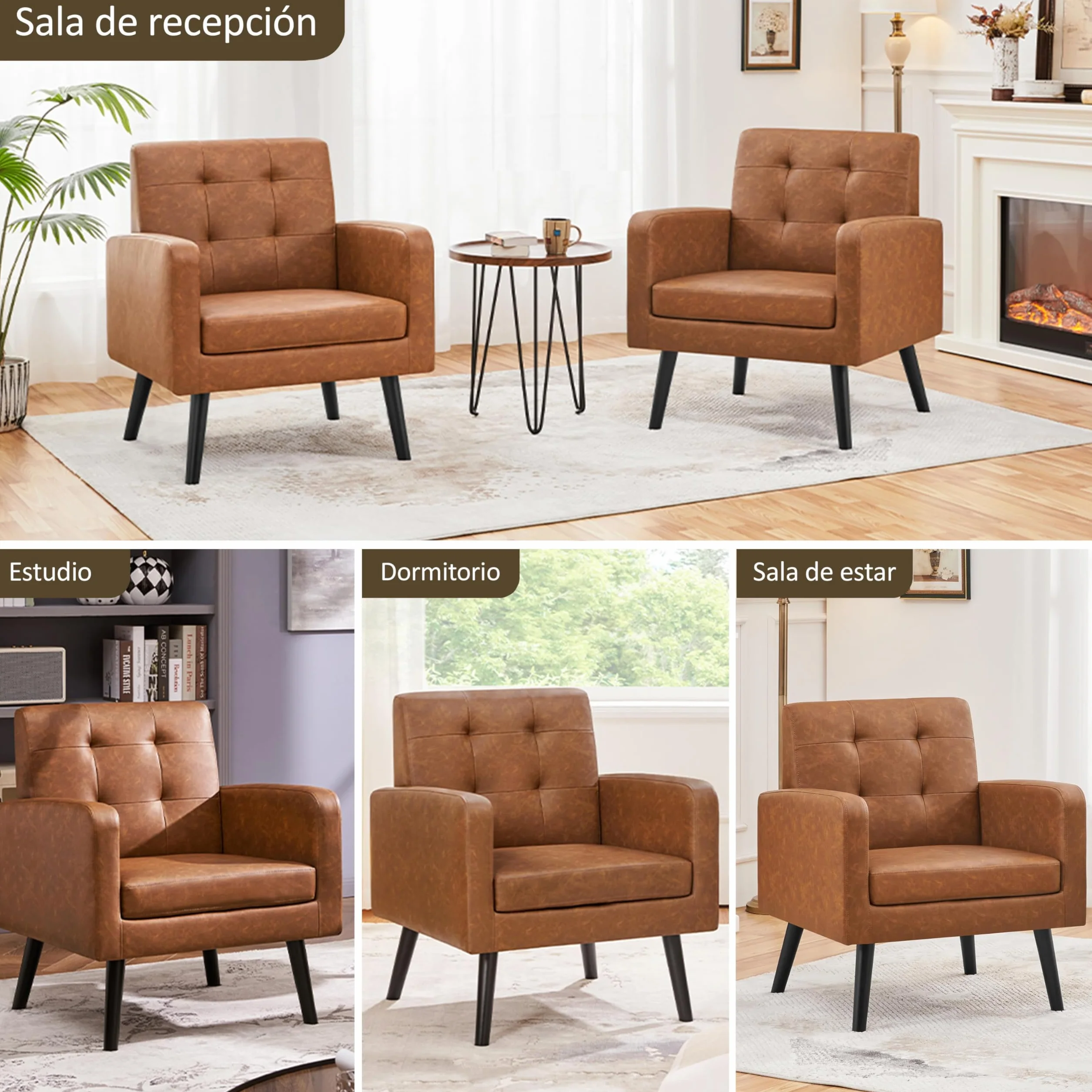 Yaheetech Butaca de Salón Sillón Lectura Tapizada en PU con Respaldo Alto y Patas de Madera de Caucho Sillón Relax Moderno para Salón Dormitorio o Balcón Carga 136 kg Marrón