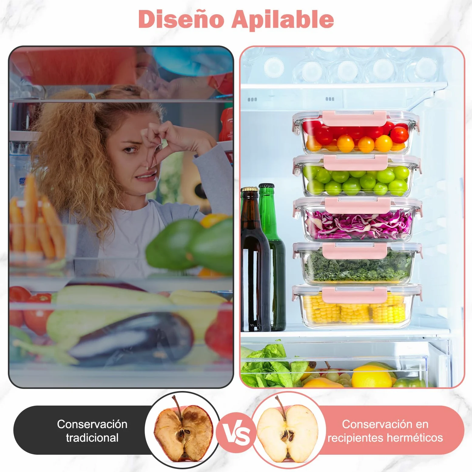 YASHE 10 Piezas Recipientes de Vidrio con Tapas Herméticas, Reutilizables, Apto para Microondas, Horno, Congelador y Lavavajillas, Sin BPA, Fiambrera Cristal, Rosa