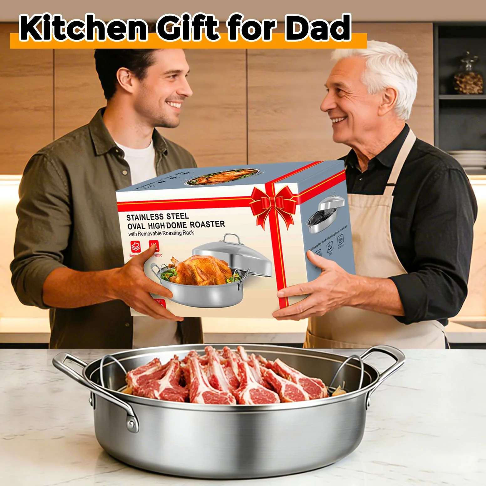 Sartén grande para asar con estante y tapa, regalos para mamá, mujer, esposa, tostadora ovalada grande de acero inoxidable, utensilios de cocina antiadherentes para pollo y pavo, 21 pulgadas