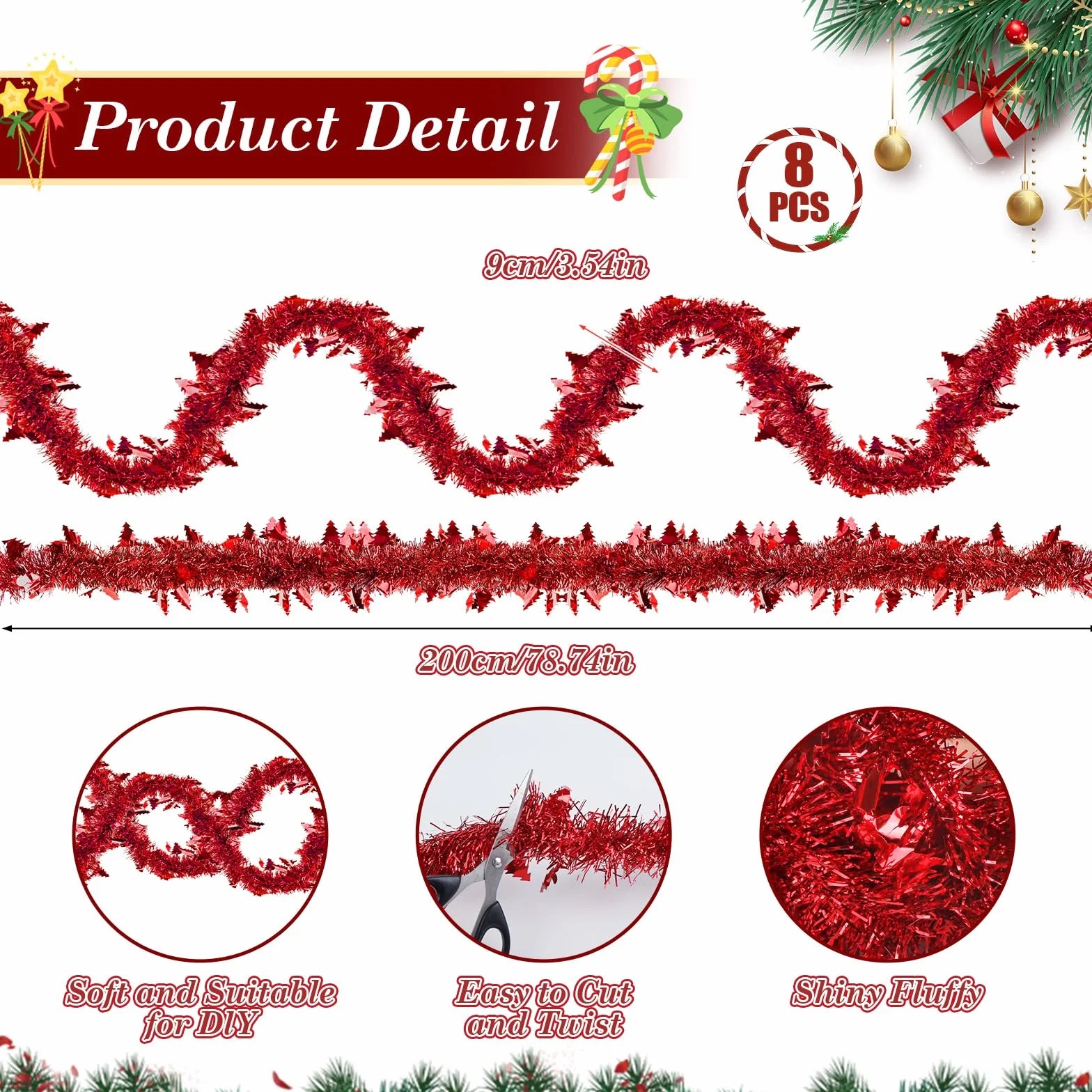 8 Piezas Guirnalda de Oropel Navidad, 16M Espumillón Metálica Brillante, Rojo Decoracion Arbol de Navidad Adornos, Rojo Brillante Espumillón para Árbol de Escaleras Chimenea