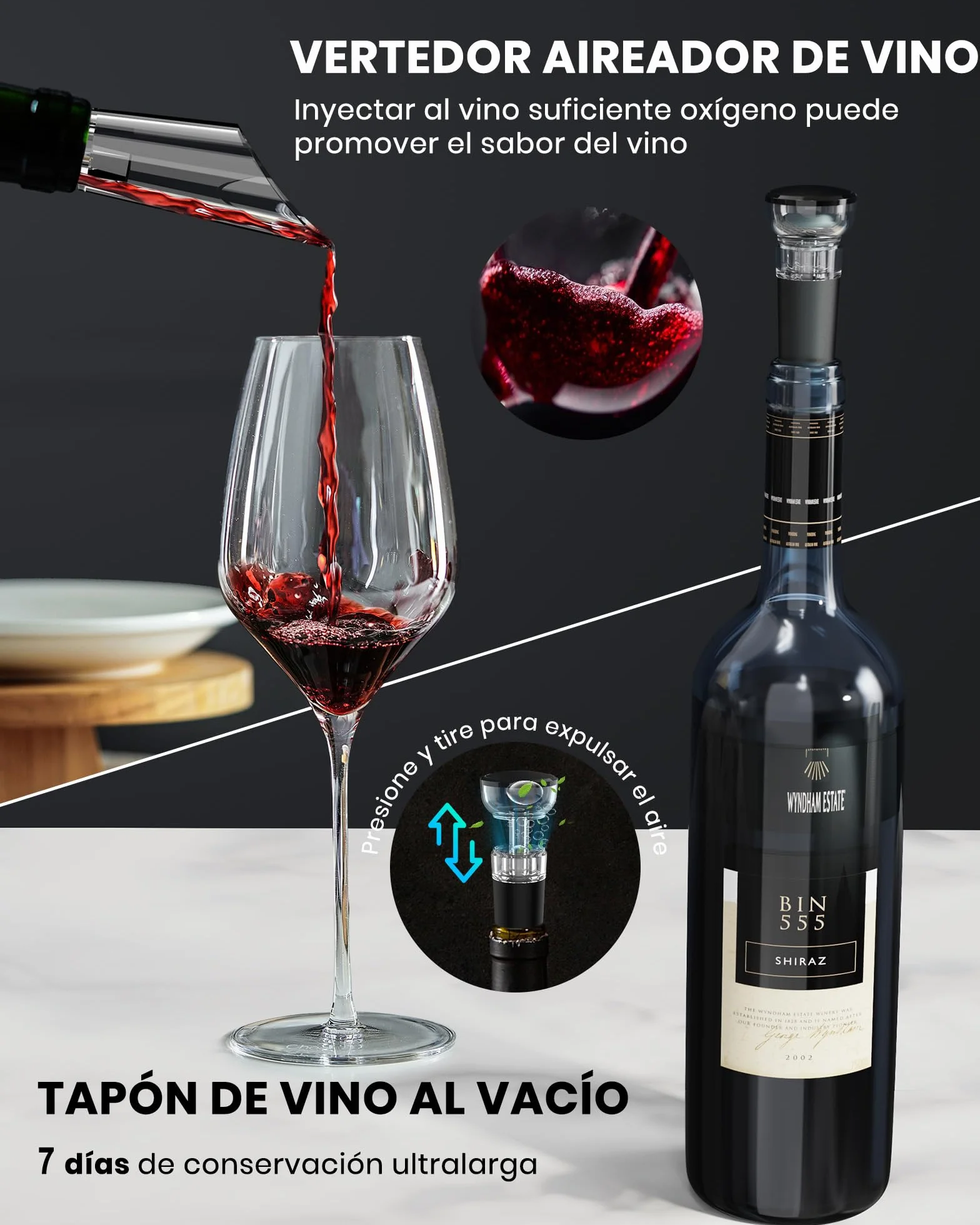 Sacacorchos eléctrico recargable con base de carga, abridor de vino electrico 6 en 1 juego regalo cumpleaños abrebotellas con vertedor aireador, tapón de vino al vacío, cortador láminas y cable USB