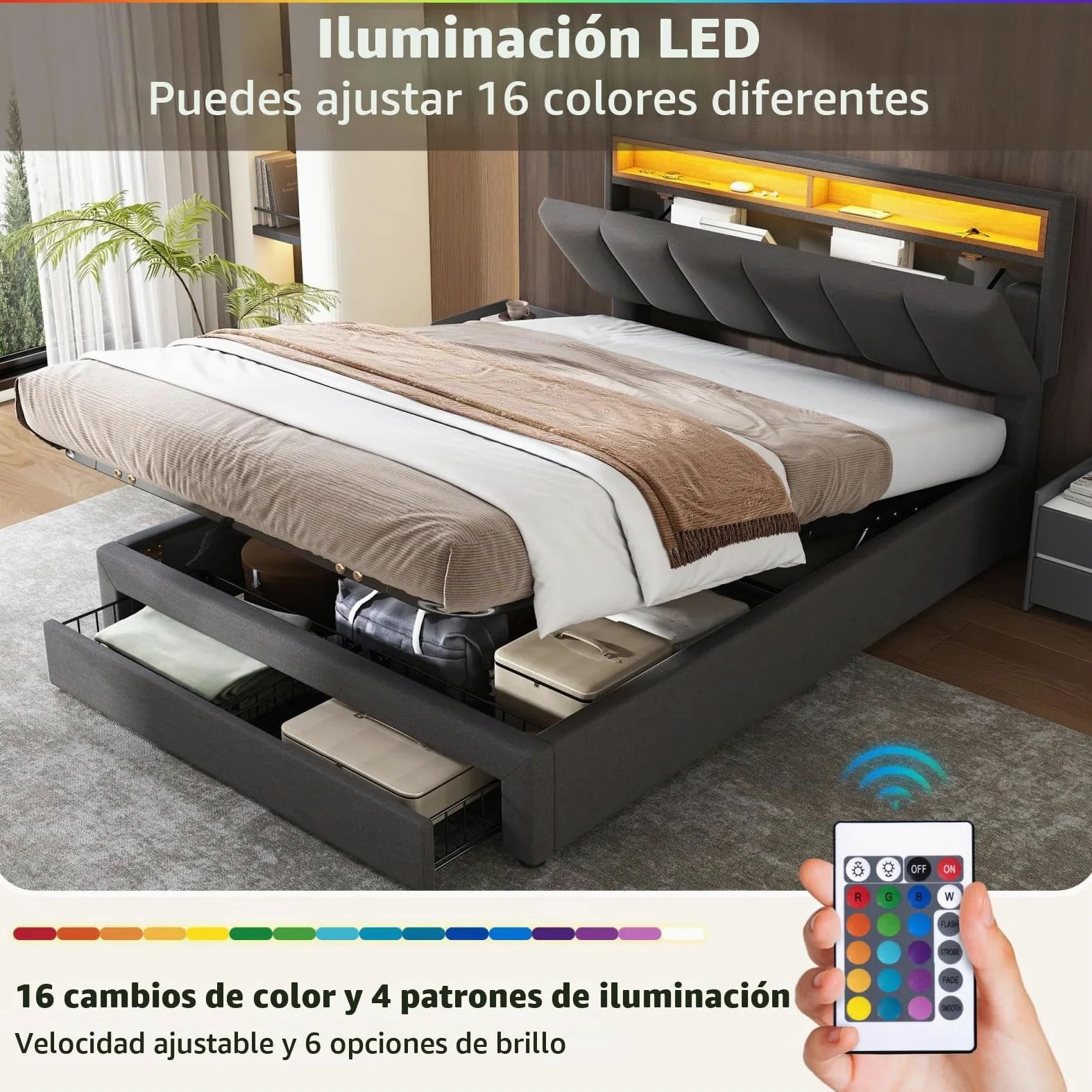 Cama 160x200 con Somier, Cama Baúl 160x200 con Iluminación LED, Cama Hidráulica Acolchada, Camas 2 Personas con 2 Cajones Almacenamiento, Lino, sin Colchón, Gris