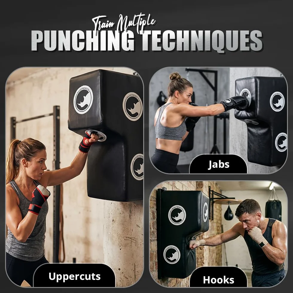 MAXSTRENGTH Bolsa de boxeo para montar en la pared, ángulo, corte superior, almohadilla de golpe (negro/blanco)