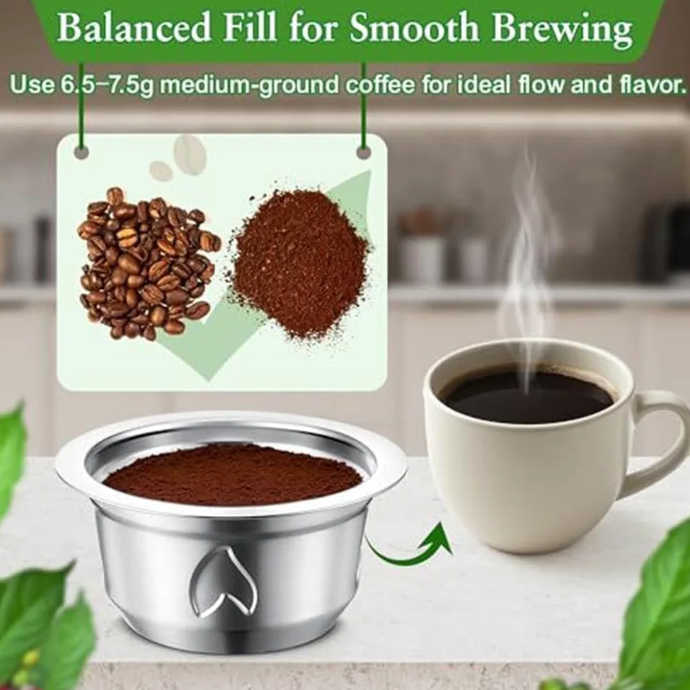 Cápsulas de café reutilizables de acero inoxidable, juego de filtros recargables con tapa y cepillo de cuchara, carcasa de metal respetuosa con el medio ambiente para preparar la cocina en
