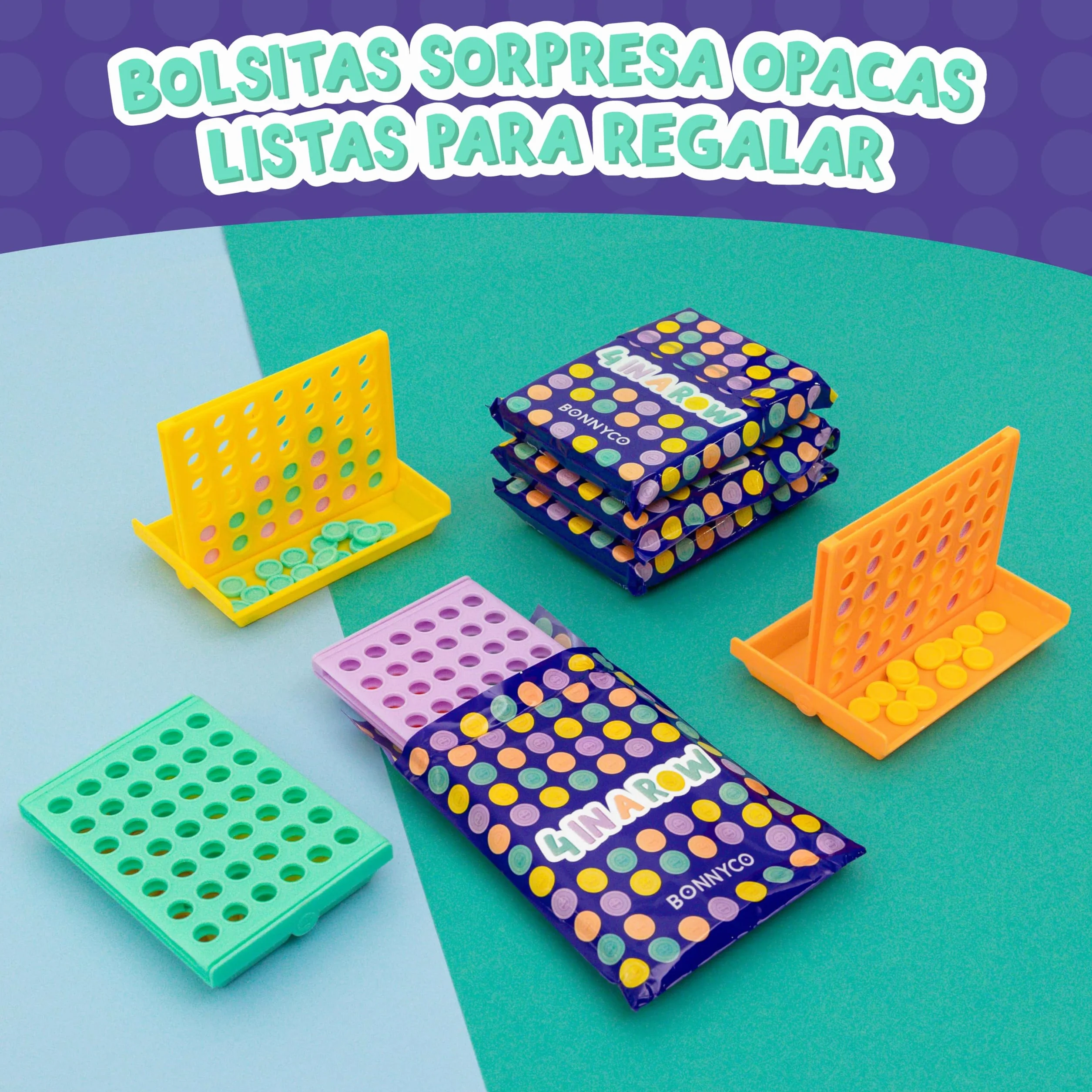 BONNYCO Cuatro en Raya Pack 16 Regalos Cumpleaños Niños Colegio 3 a 12 Años con Bolsas Sorpresa para Invitados. Ideas Detalles Alumnos Primaria, Mini Juegos de Viaje y Piñatas