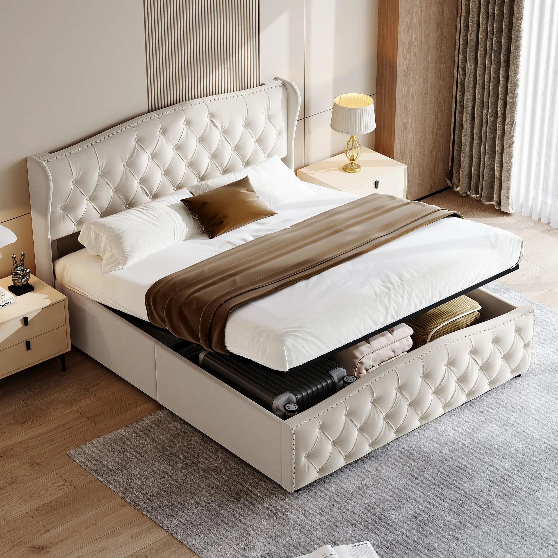 Cama Acolchada de 160 × 200, Cama Doble, Acolchado con Almacenamiento de Cama con somier de tablón, Marco de Cama con Almacenamiento de Maletero (Blanco Roto, Velours-3, 160 × 200