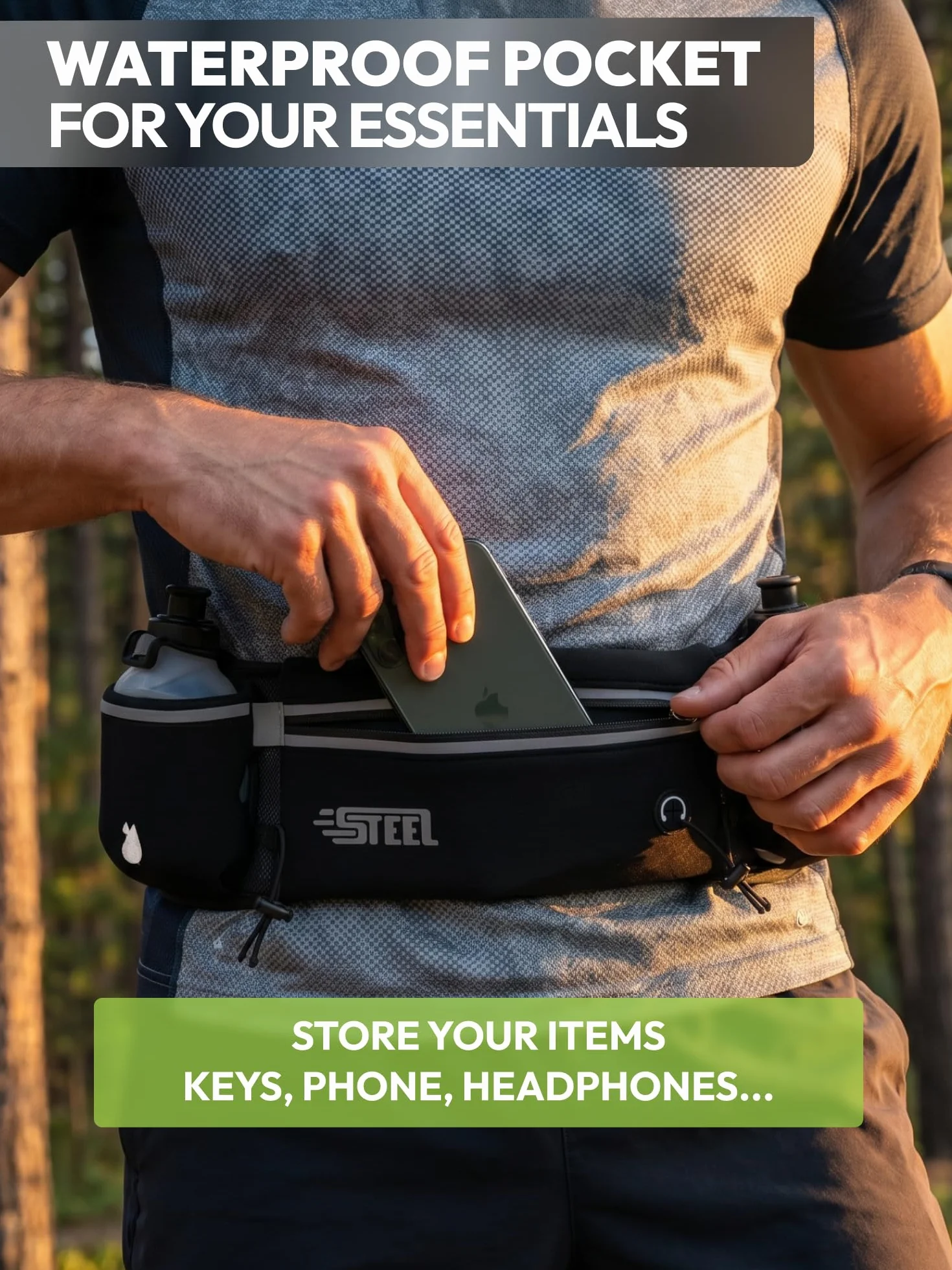 Cinturón para Correr con Portabotellas Impermeable para Smartphone Hombres Mujeres (Verde)