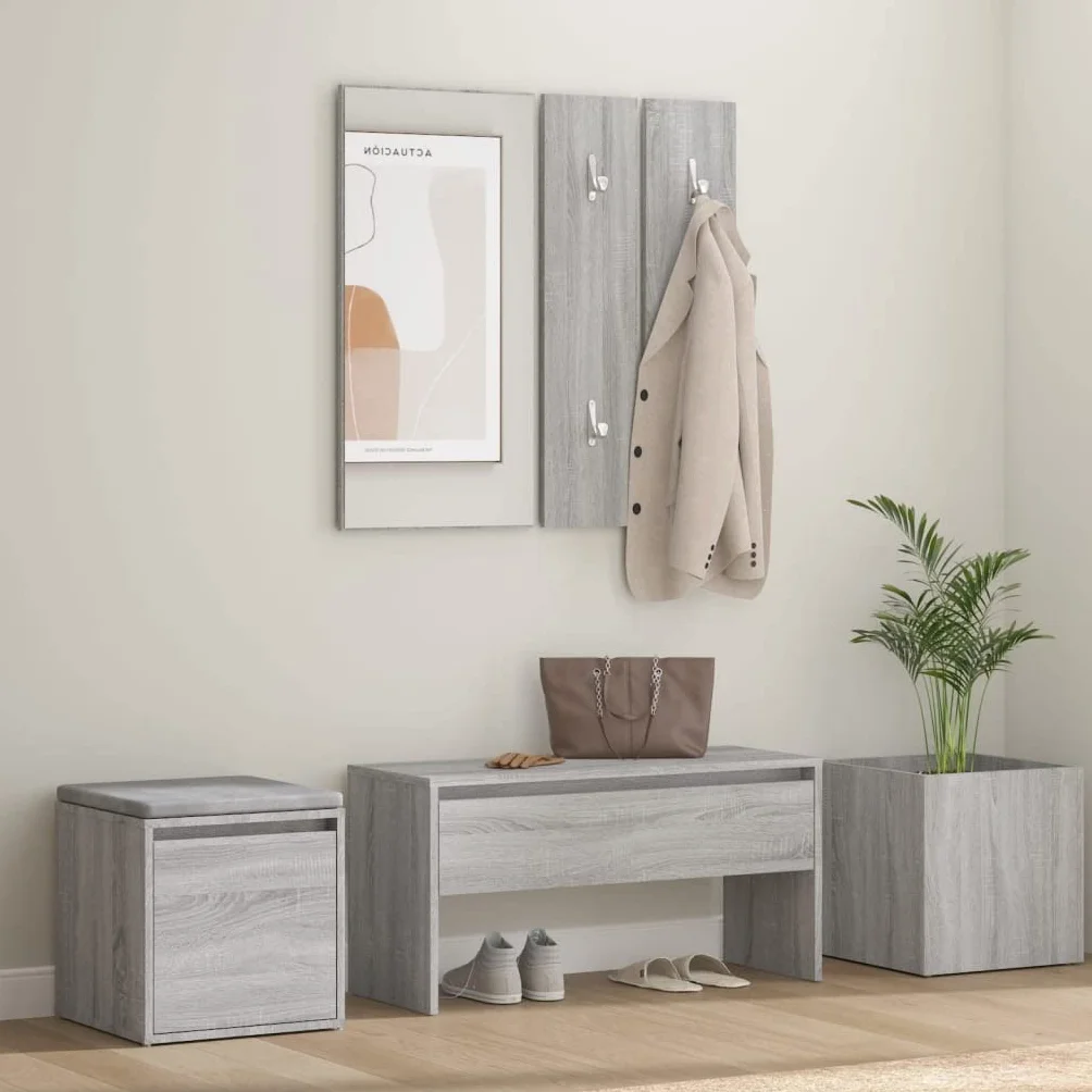 Juego de percheros Sonoma gris de madera con flurbank, espejo, caja de almacenamiento, jardinera, banco, cajón, espacio de almacenamiento para pasillo, entrada, soporta hasta 110 kg