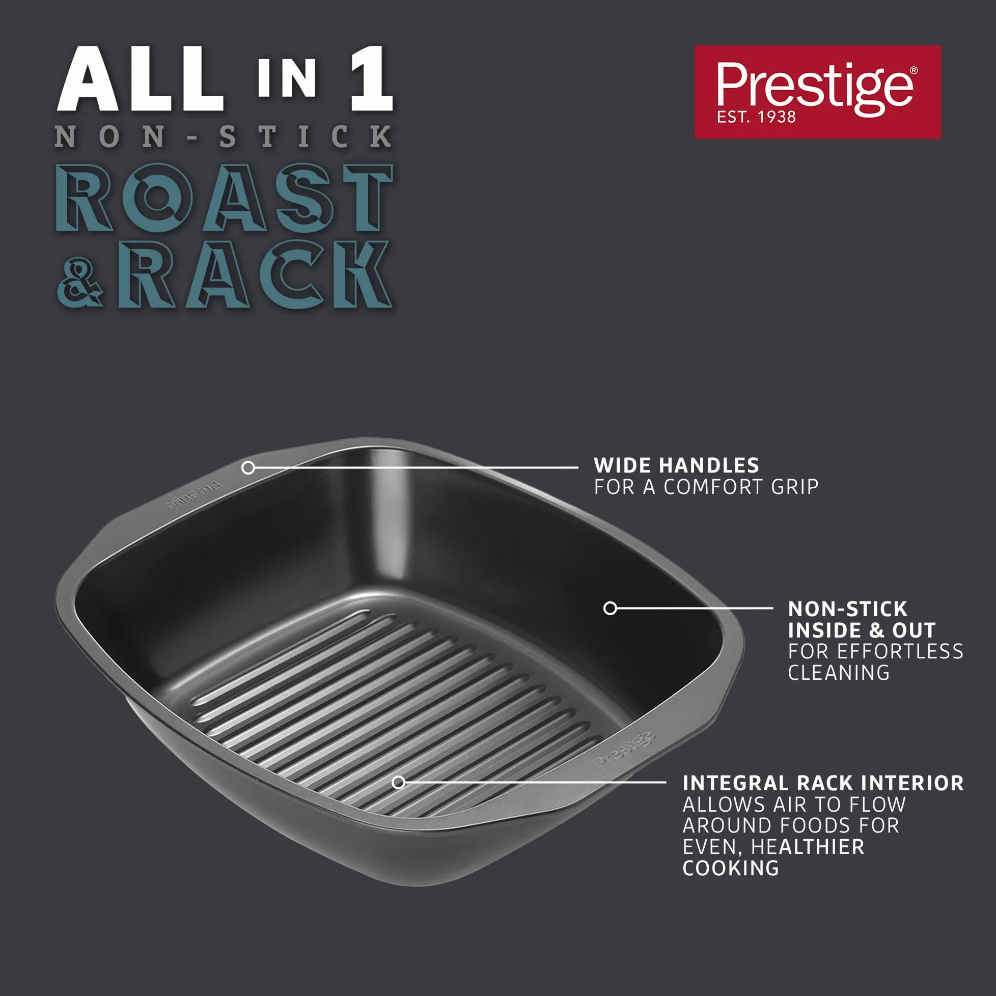 Prestige Bandeja para asar grande – Bandeja antiadherente para hornear con bandeja integral para asar 42 x 34,5 x 9 cm, acero al carbono de calibre pesado y bandeja de horno apta para lavavajillas