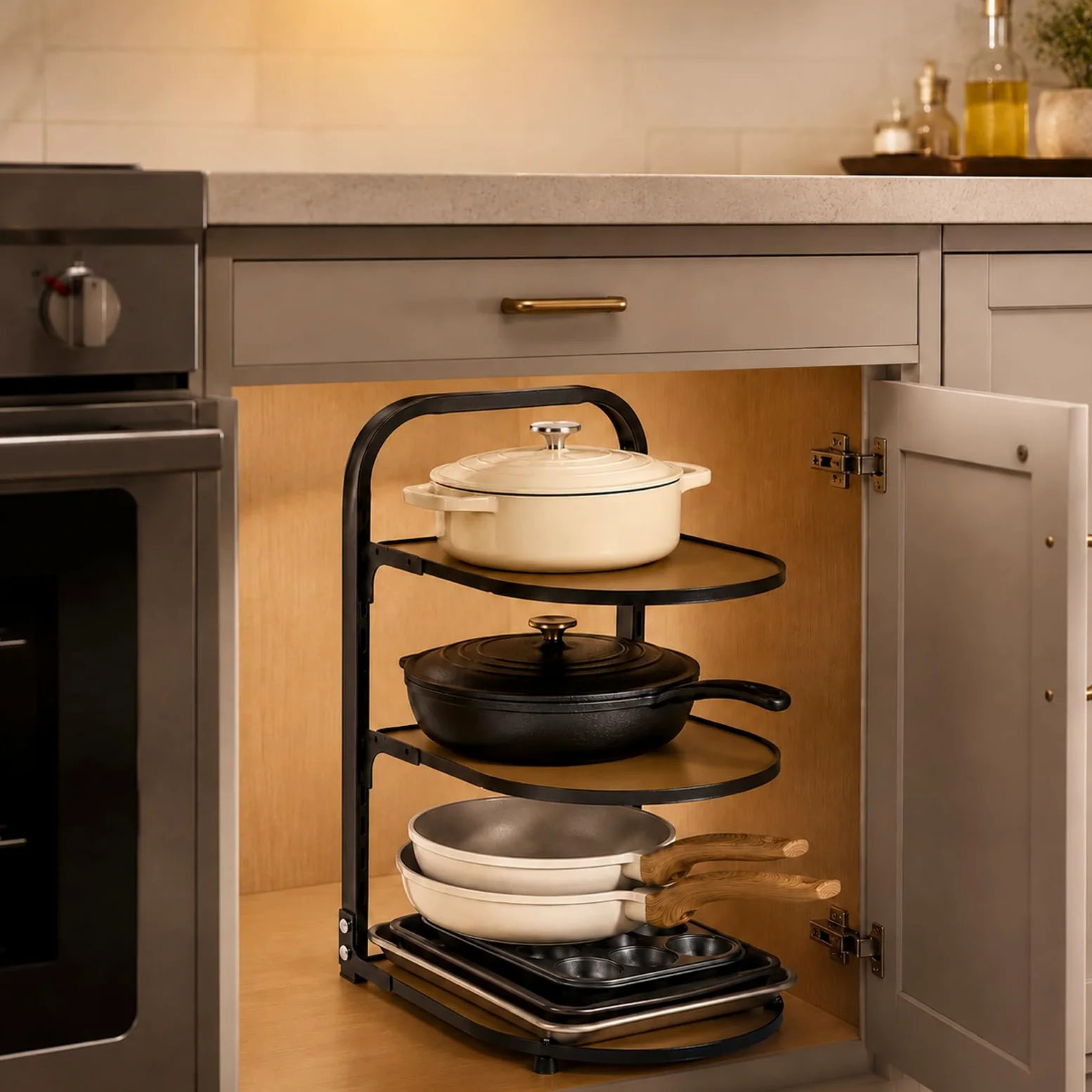 Organizador de sartenes para cocina, estante de cocina, sartén de cocina, estante de almacenamiento escalonado, estante de almacenamiento de 3 niveles ajustable para armario