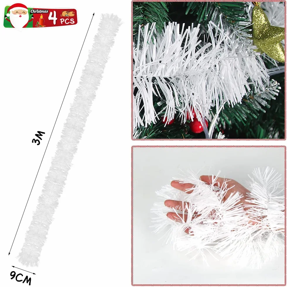 Bluelves Guirnalda de Oropel Navidad, 4pcs Espumillon Arbol Navidad, 3m Espumillón de Navidad, Oropel Navidad, Espumillon Decoración para Fiesta Árbol de Navidad (Blanco)