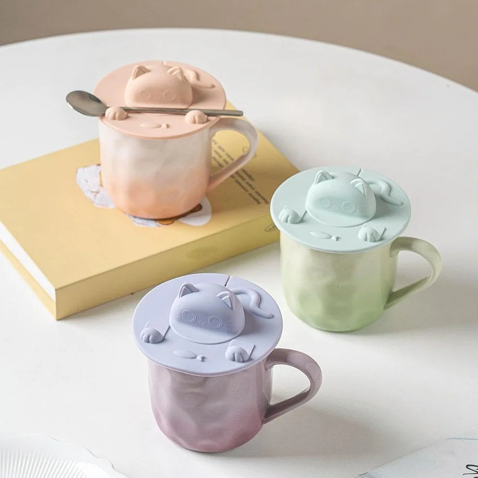 2 tapas para tazas de té, 2 tapas de silicona con diseño de gato, 4 en silicona, soporte para bolsas de té y exprimidor con soporte para taza de té, tapa para lavavajillas, para té de leche de café