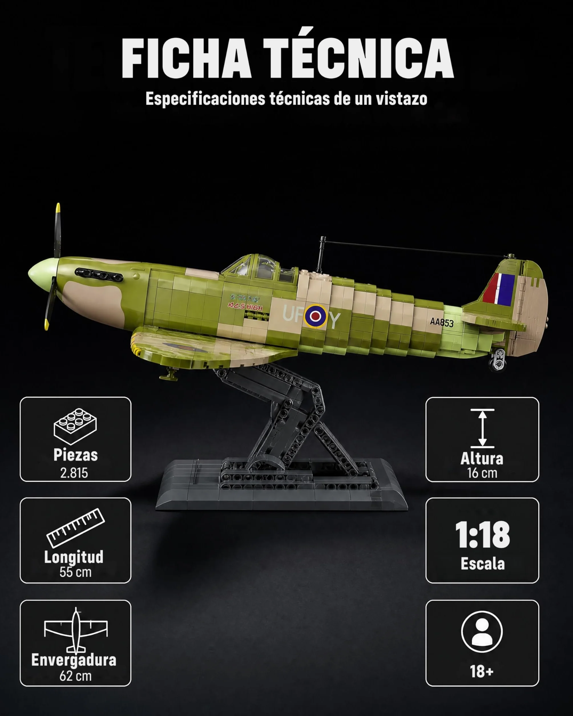 Revell Brick System 00962 Iron Maiden Spitfire MK.II Aces High - Kit de Modelo de ladrillo - Escala 1:18 sin Construir, 52.5 cm de Longitud, más de 2.500 Piezas, Incluye Figura de Eddie, Soporte de