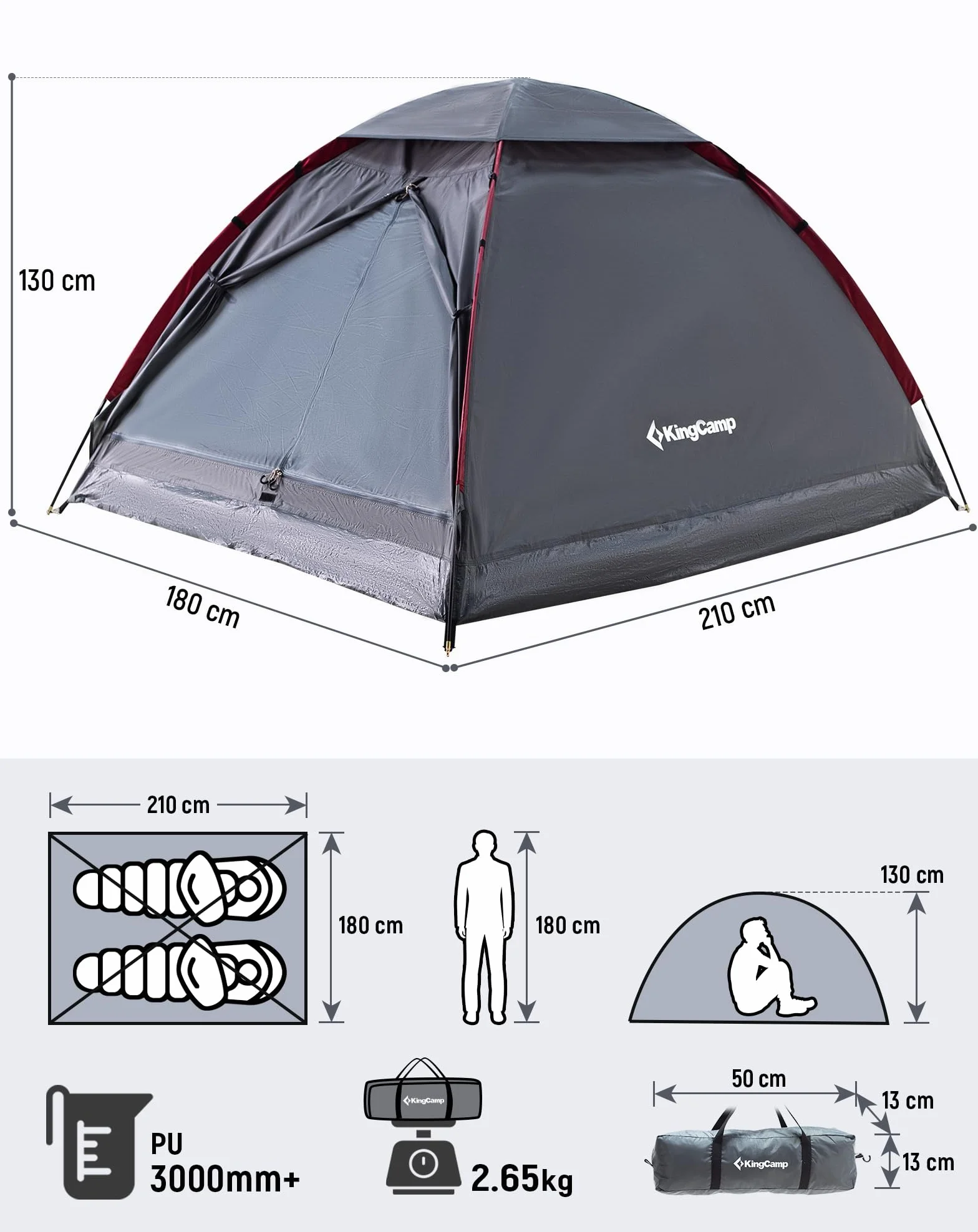 KingCamp Tienda de Campaña 2-3 Personas Impermeable 3000mm Ultraligera 210x180x130cm