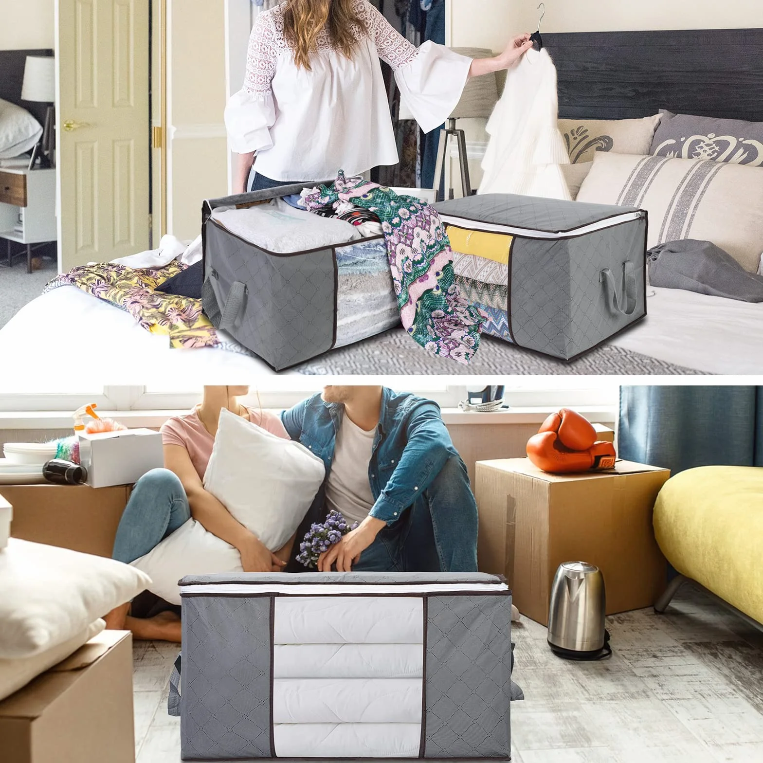 AiQInu Cajas Almacenaje Ropa, 2PCS 90L Plegable Bolsa Almacenamiento de Ropa de Gran Capacidad, Bolsas para Guardar Ropa con asa reforzada para Edredones, Ropa de Cama, 60x44x35CM