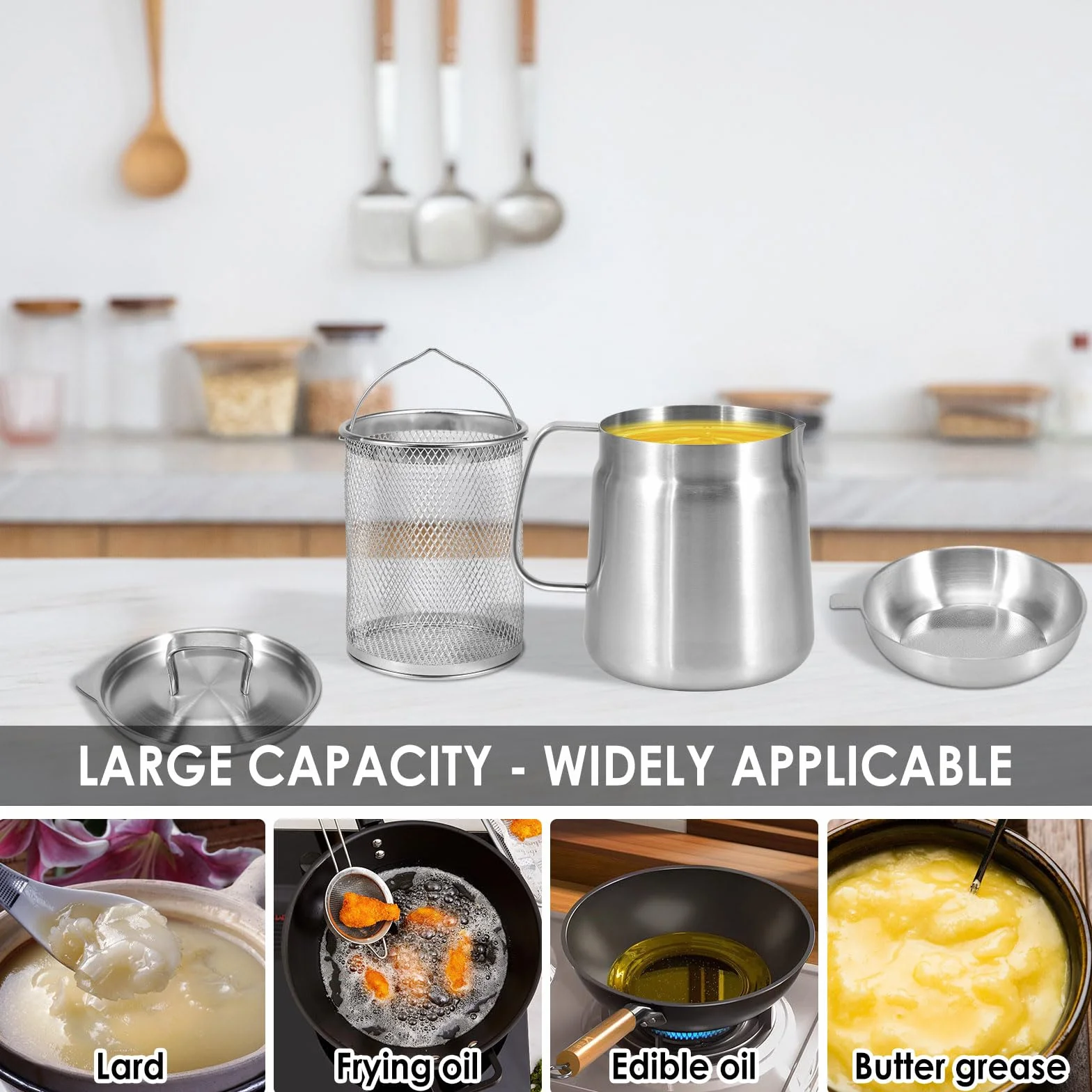 UKQRRTC Olla de almacenamiento de aceite con tapa de filtro y cesta para freír, 1,5 L/2 L, gran capacidad, colador de grasa y recipiente para cocina o freír aceite (2 L)