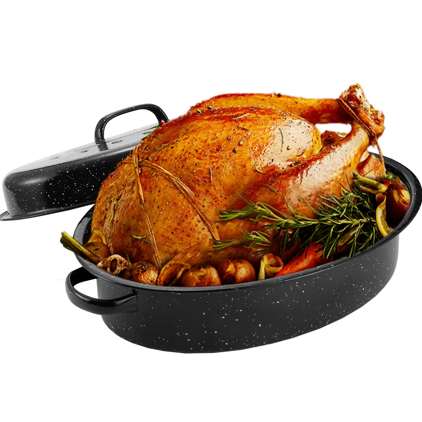 JY COOKMENT Asador ovalado esmaltado de 15.7 pulgadas con tapa abovedada, para pavo, pollo, jamón, apto para lavavajillas