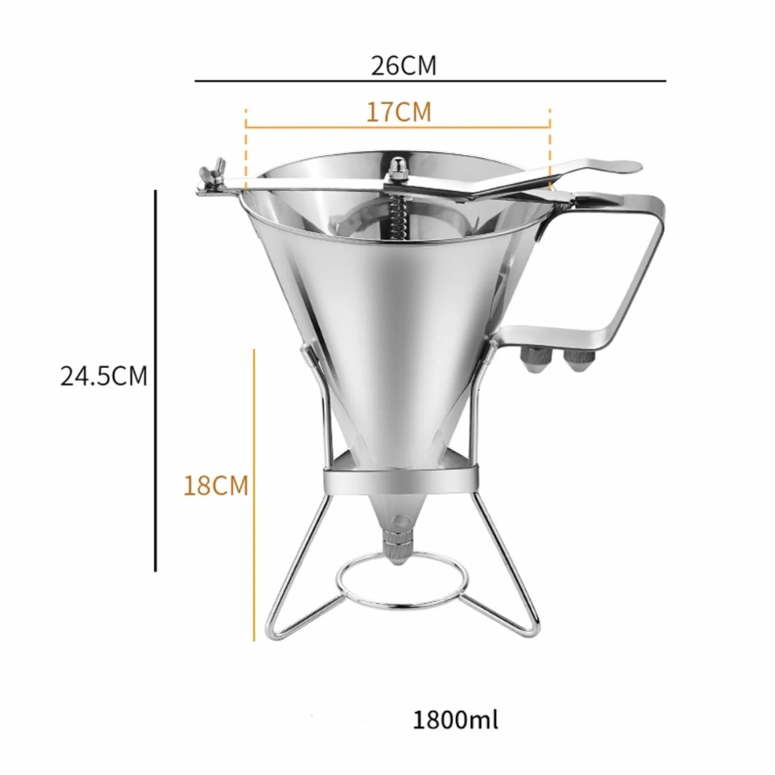 Dispensador de masa para tortitas de acero inoxidable, 1800 ml, con 3 boquillas, embudo de gran capacidad para magdalenas y salsas, dosificación precisa para cocina y panadería, plata