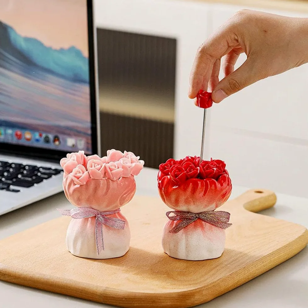 Juego de tenedores de frutas, 12 tenedores de postre de acero inoxidable en forma de rosa con elegante jarrón de almacenamiento de cerámica, tenedores novedosos para cocina, fiesta, comedor