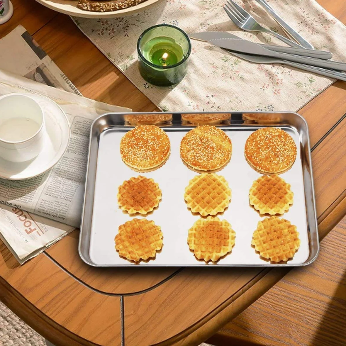 Wildone Juego de bandejas de horno y estantes (2 bandejas + 2 estantes), bandeja de horno de acero inoxidable con rejilla de refrigeración, no tóxica, resistente y fácil de limpiar