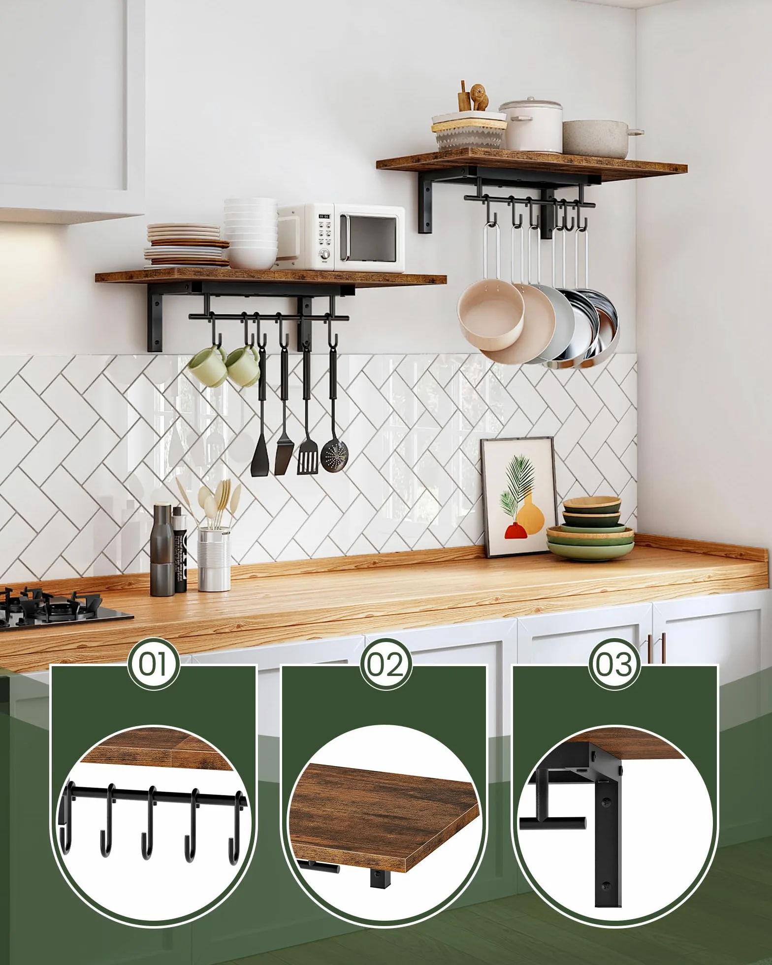 CHOEZON Juego de 2 Estantes de Pared para Ollas y Sartenes, Estantes de Cocina con Barras y 12 Ganchos, Soportes para Utensilios de Cocina, Marrón Vintage y Negro DTPR26P2BF