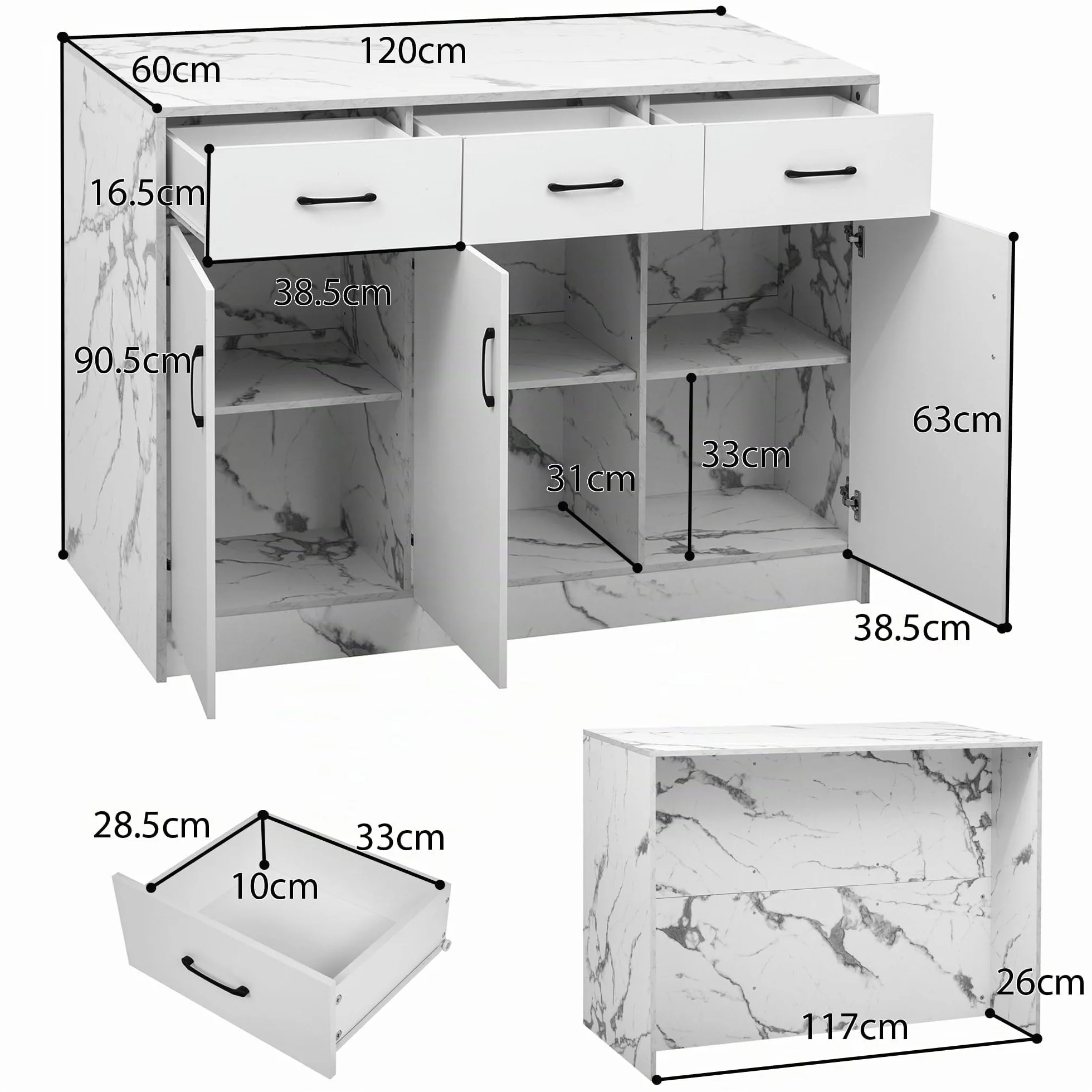 Isla de cocina grande 120 x 60 x 90,5 cm, 3 cajones y 3 puertas, diseño de mármol blanco, estantes ajustables, cajones silenciosos, diseño de área de bar - Utensilios de cocina elegantes y prácticos