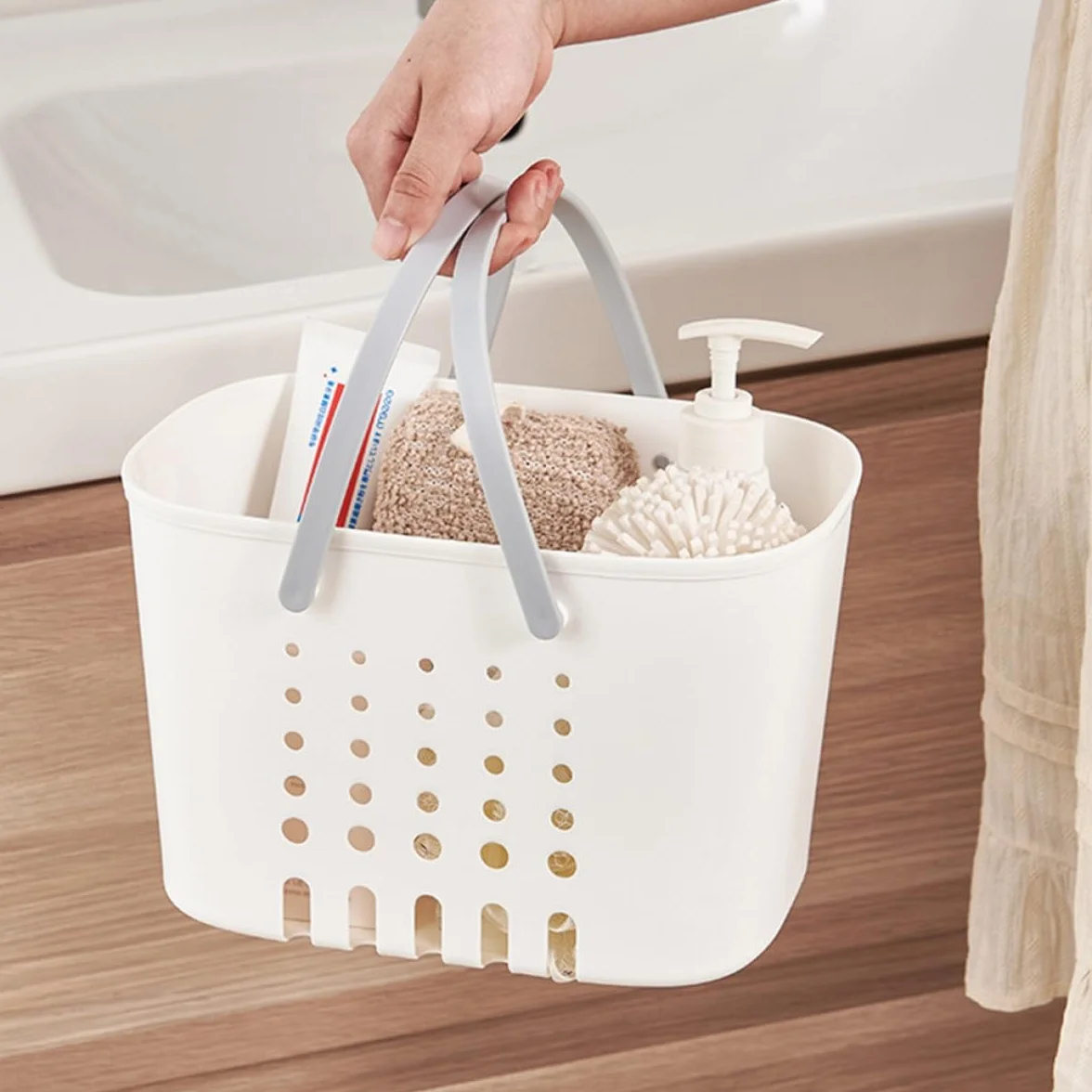 Genérico Cesta de Baño Portátil Asa y Drenaje Natural de Plástico para Almacenar Gel, Champú y Productos de Limpieza en Ducha