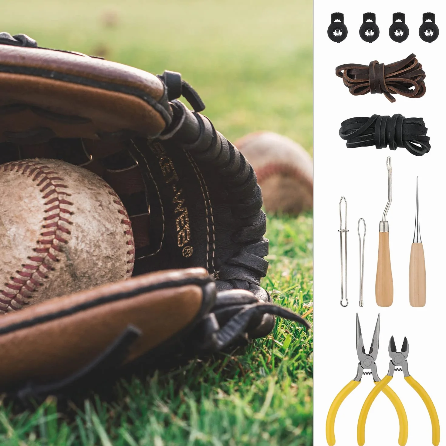 Kit de Reparación de Guantes de Béisbol 12 Piezas con Tiras, Enhebrador y Herramientas de Cordones