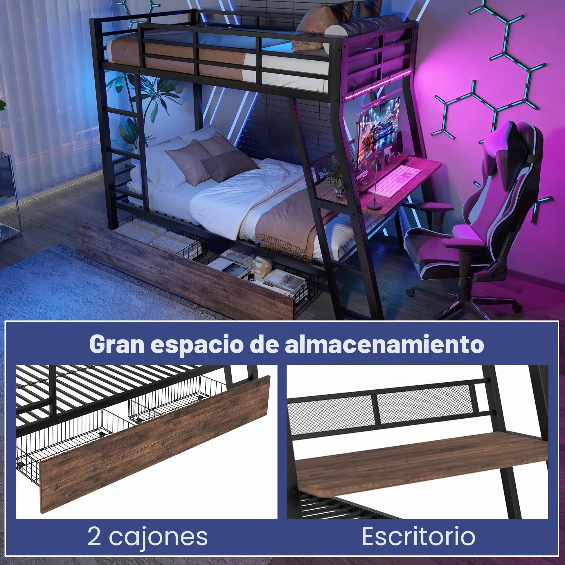 Dolamaní Cama Alta, 90 x 200 cm, de metal, con escritorio y cajones, litera, 2 personas, para adultos/niños, escalera segura, sin colchón (negro)