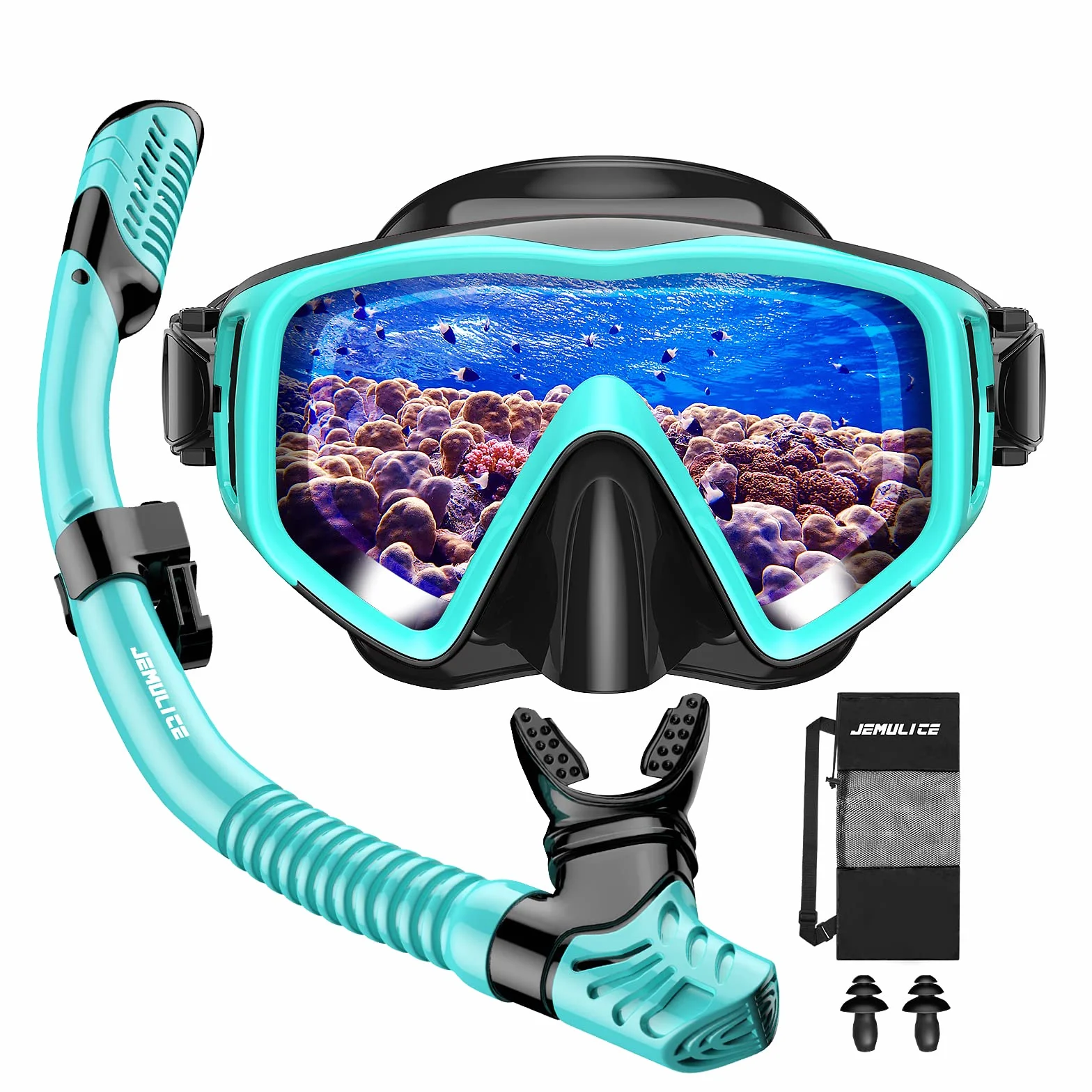 Gafas de Buceo y Tubo de Snorkel Set para Adulto, Panorámico 180° Cristal Templado Dry Top, Equipo Profesional