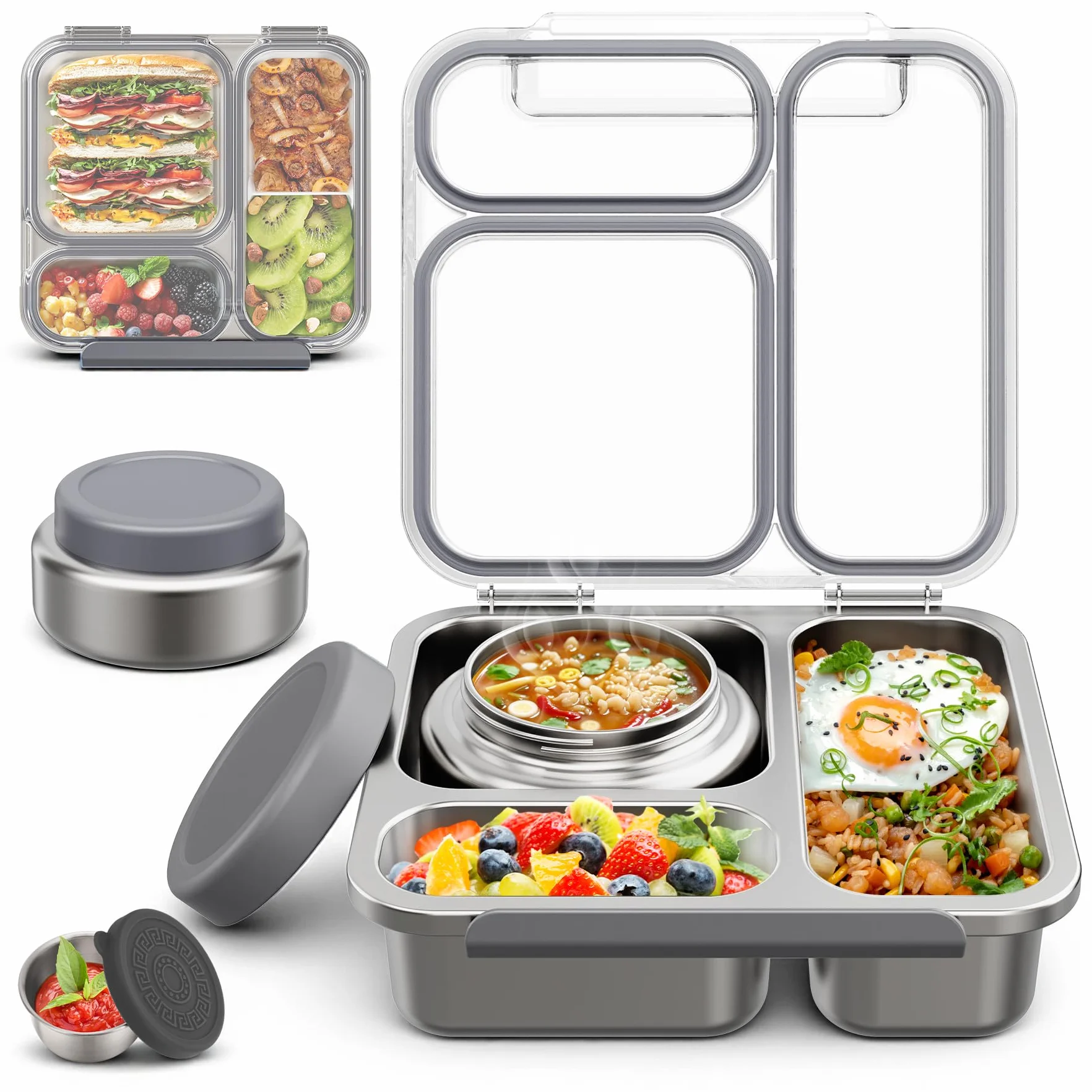 Fiambrera de Acero Inoxidable Adulto Niño con 200ml Termo para Comida, Bento Box para Niños con 3 Compartimentos y Recipiente para Salsas, Lunch Box para Oficina, Colegio y Picnic, sin BPA, Gris