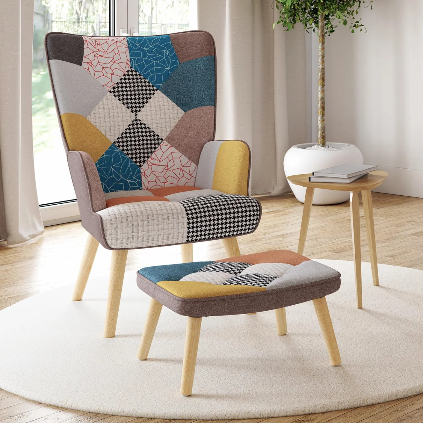 IDMarket - Sillón escandinavo Ivar con reposapiés, tejido de retales multicolor