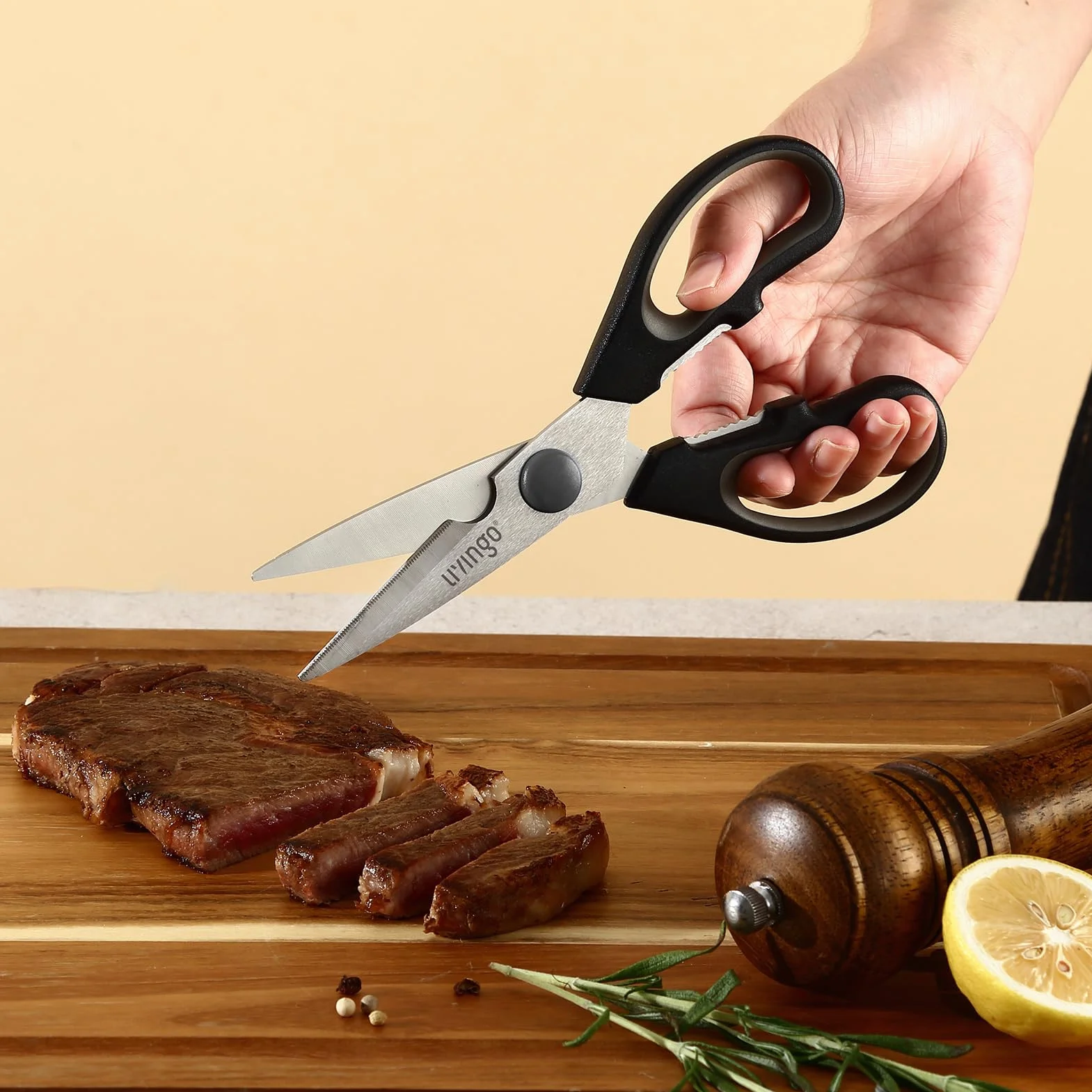 LIVINGO Tijeras de cocina de acero inoxidable, 2 unidades, afiladas y duraderas, versátiles, para pollo, pescado