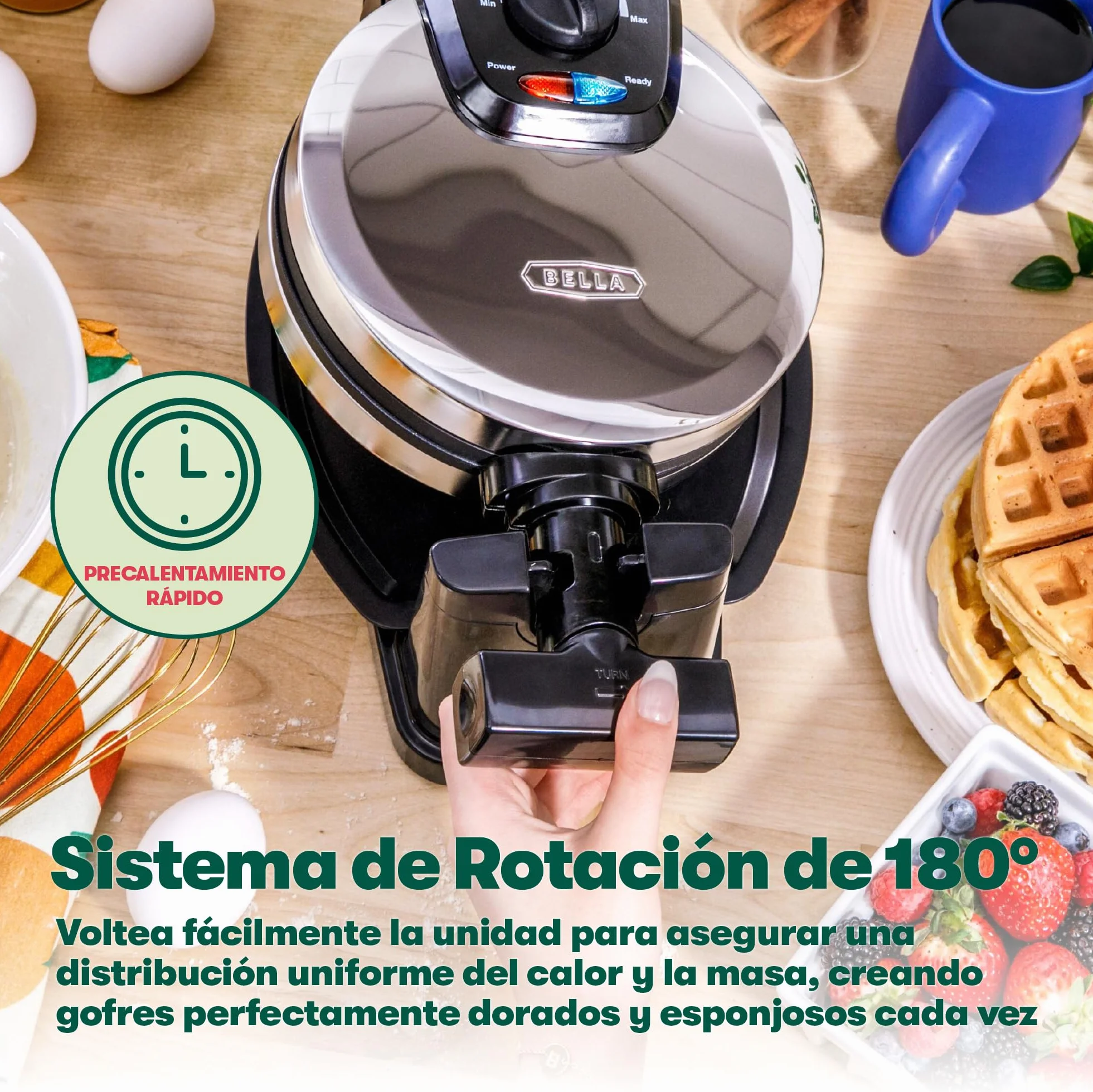 bella Gofrera para gofres belgas giratoria clásica con placas antiadherentes, bandeja de goteo extraíble, control de dorado ajustable y asas de tacto frío., Acero inoxidable