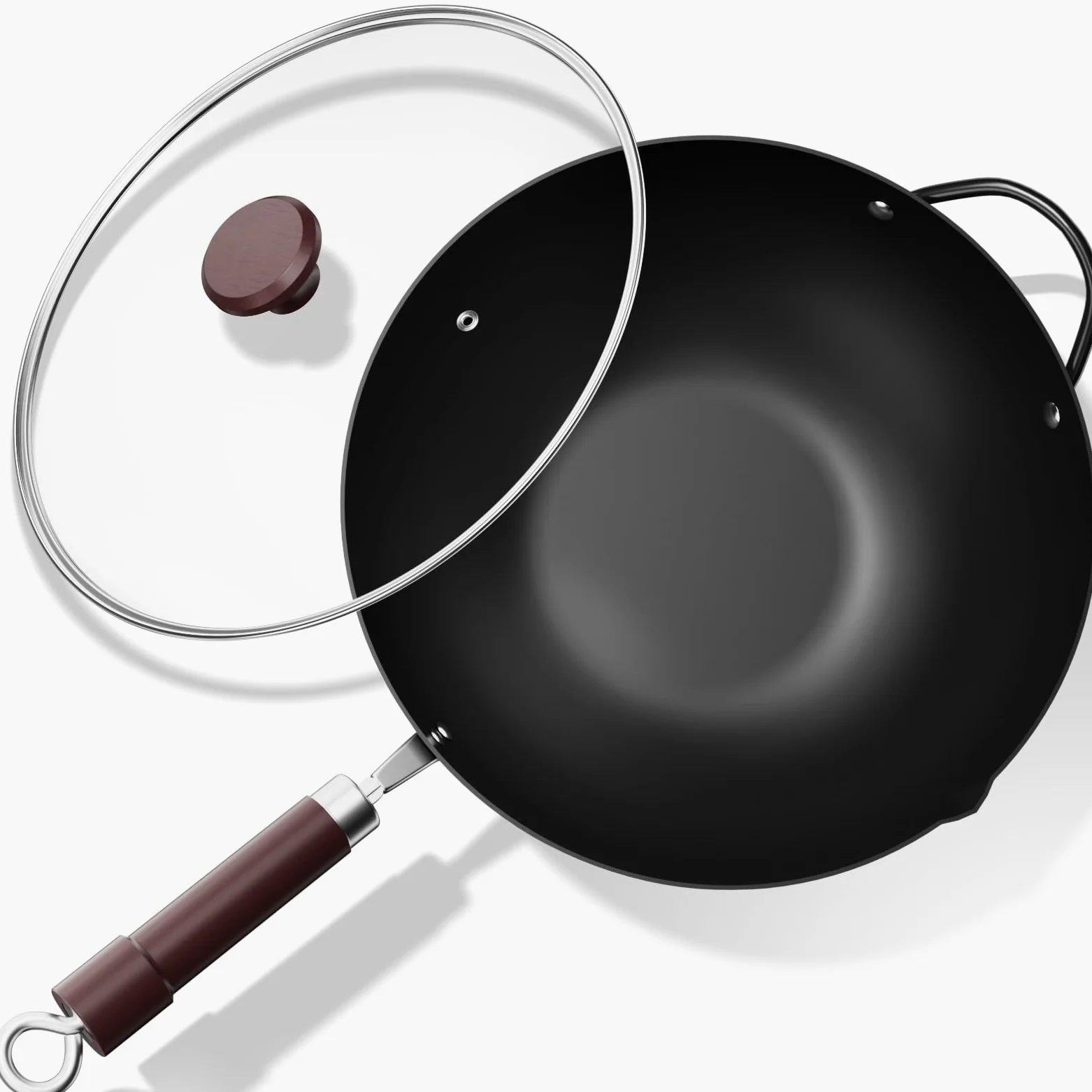 Jobin 32 cm Wok de Acero al Carbono con Tapa, Asas de Madera y Acero, Puede Cocinar Platos Asiáticos Para 3-5 Personas - Fondo Plano
