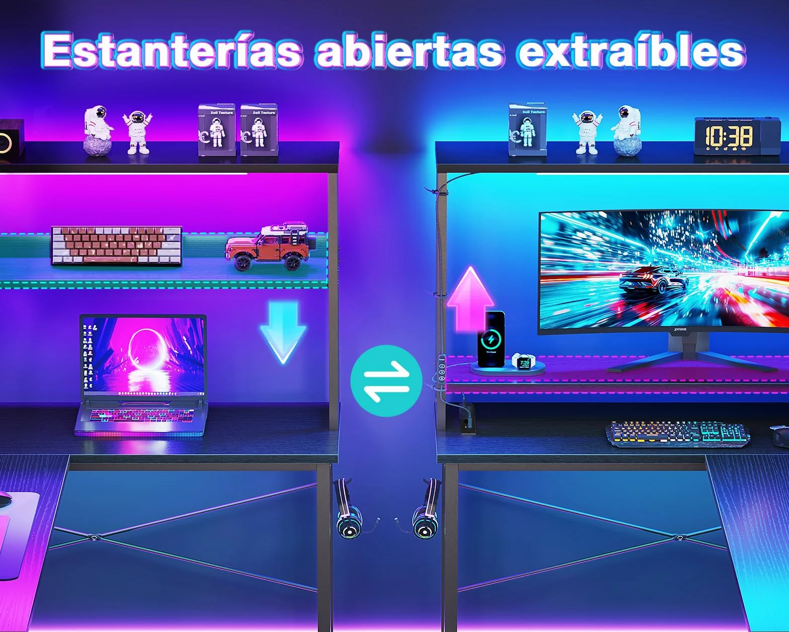 Coleshome Escritorio Gaming en L con LED y Enchufes, 135 × 100 cm Escritorio Gamer Reversible con Estantes, Escritorio Esquinero con Bolsa de Almacenamiento y Gancho para Jugadores, Negro
